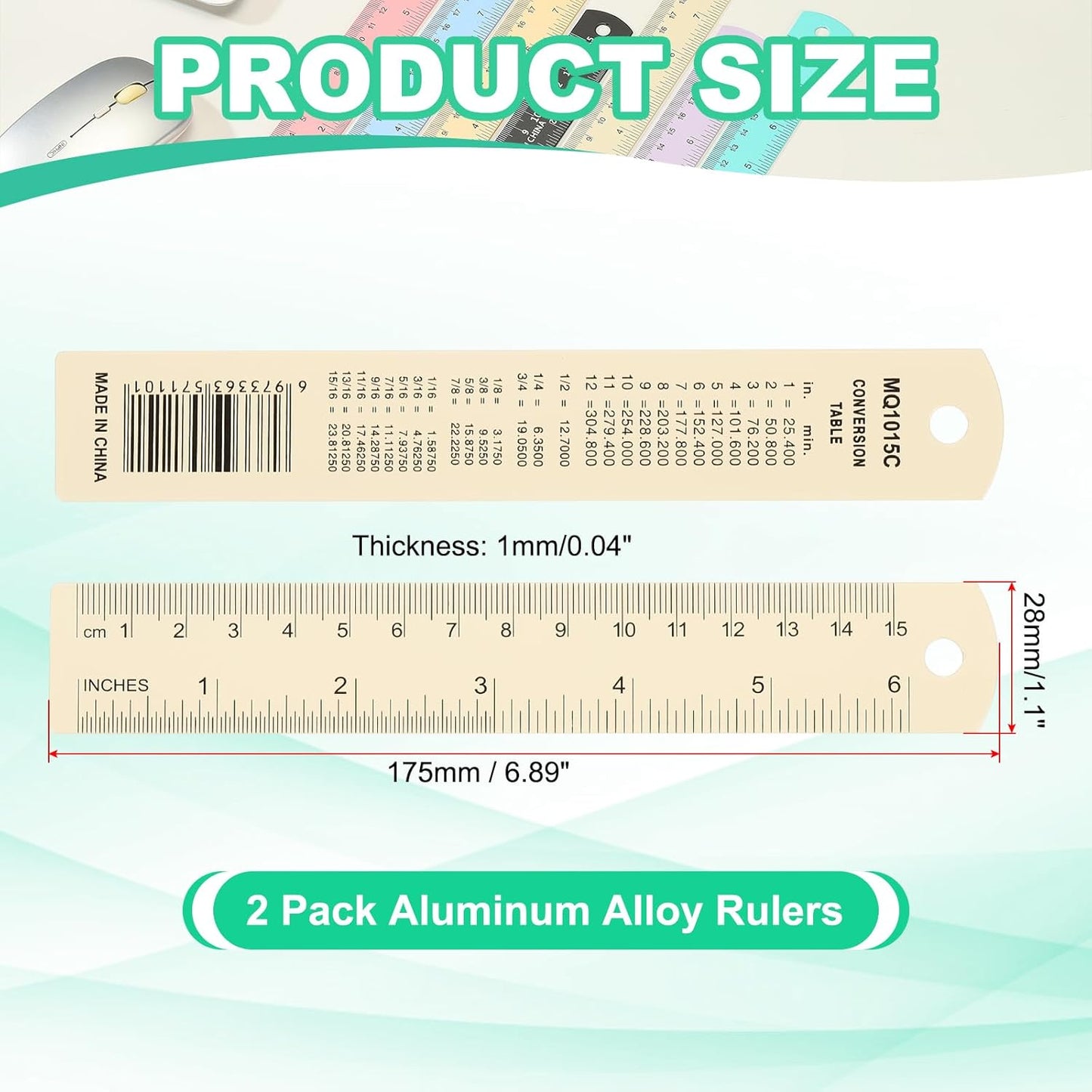 PATIKIL 15cm/6" Metal Ruler, 2 Pack Aluminum Alloy Rulers with Centimeters, Millimeters, Inches and Conversion Table Straight Edge Ruler for Writing Machinist Drafting, Yellow