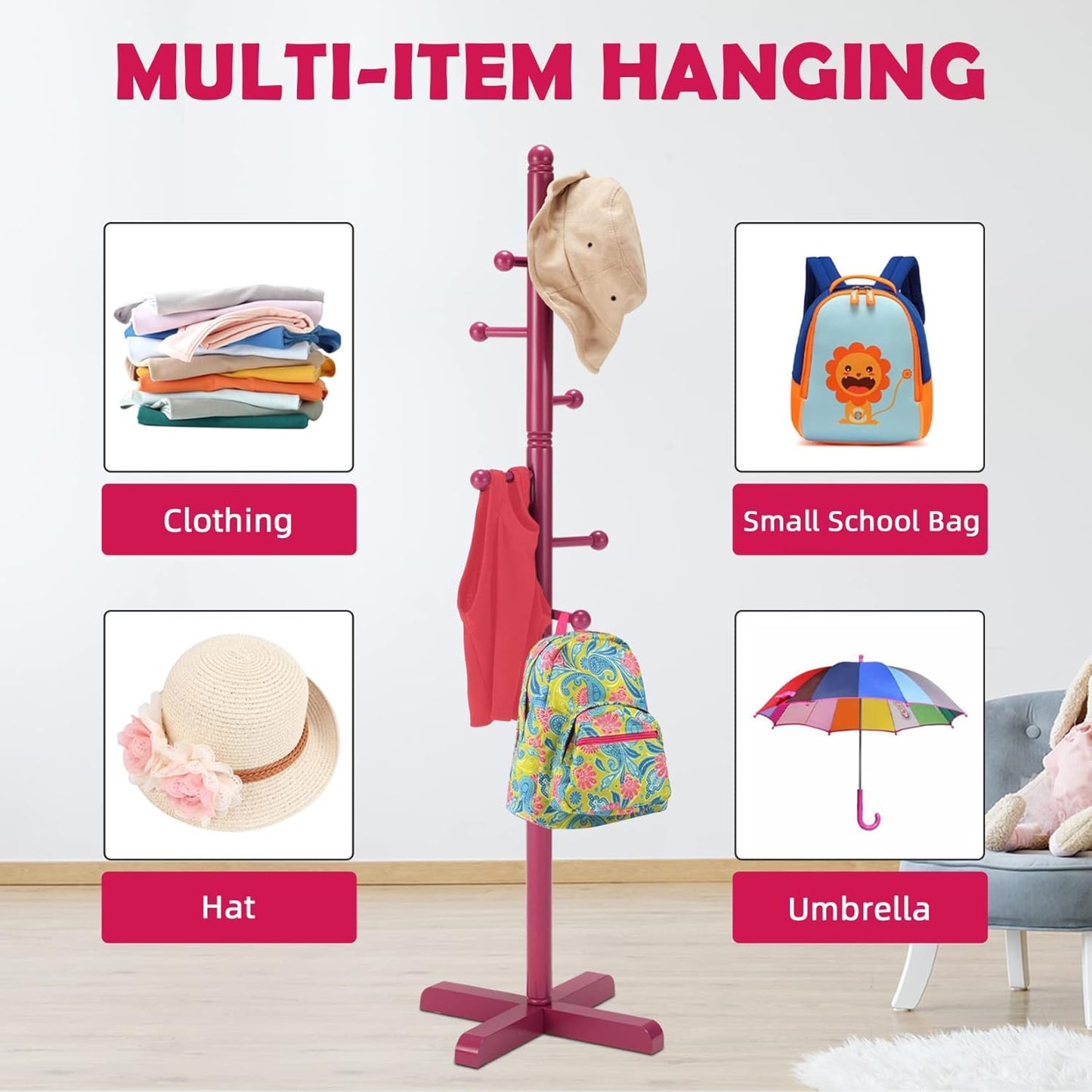 Kids Coat Rack, Freestanding Coat Racks with 8 Hooks 2 Adjustable Height, Tree Coat Rack for Bedroom, Hallway, Entrance, Office, Hats, Handbags,Purse (Dark-Rose) - Lumora Desk