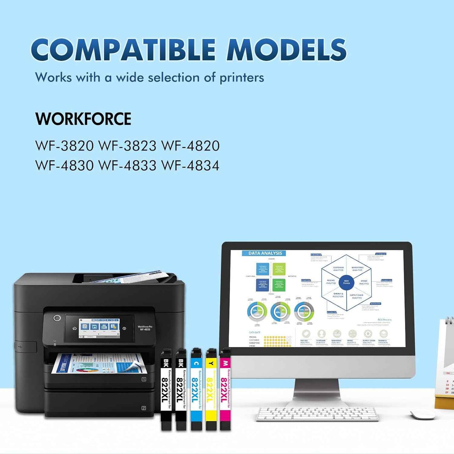 822XL 822 WF-3820 Printer Ink Cartridges Remanufactured Replacement for Epson 822XL Ink Cartridges Combo Pack for Epson 822 XL for Workforce Pro WF-4830 WF-4833 WF-4820 WF-4834 WF-3823 (5 Pack)