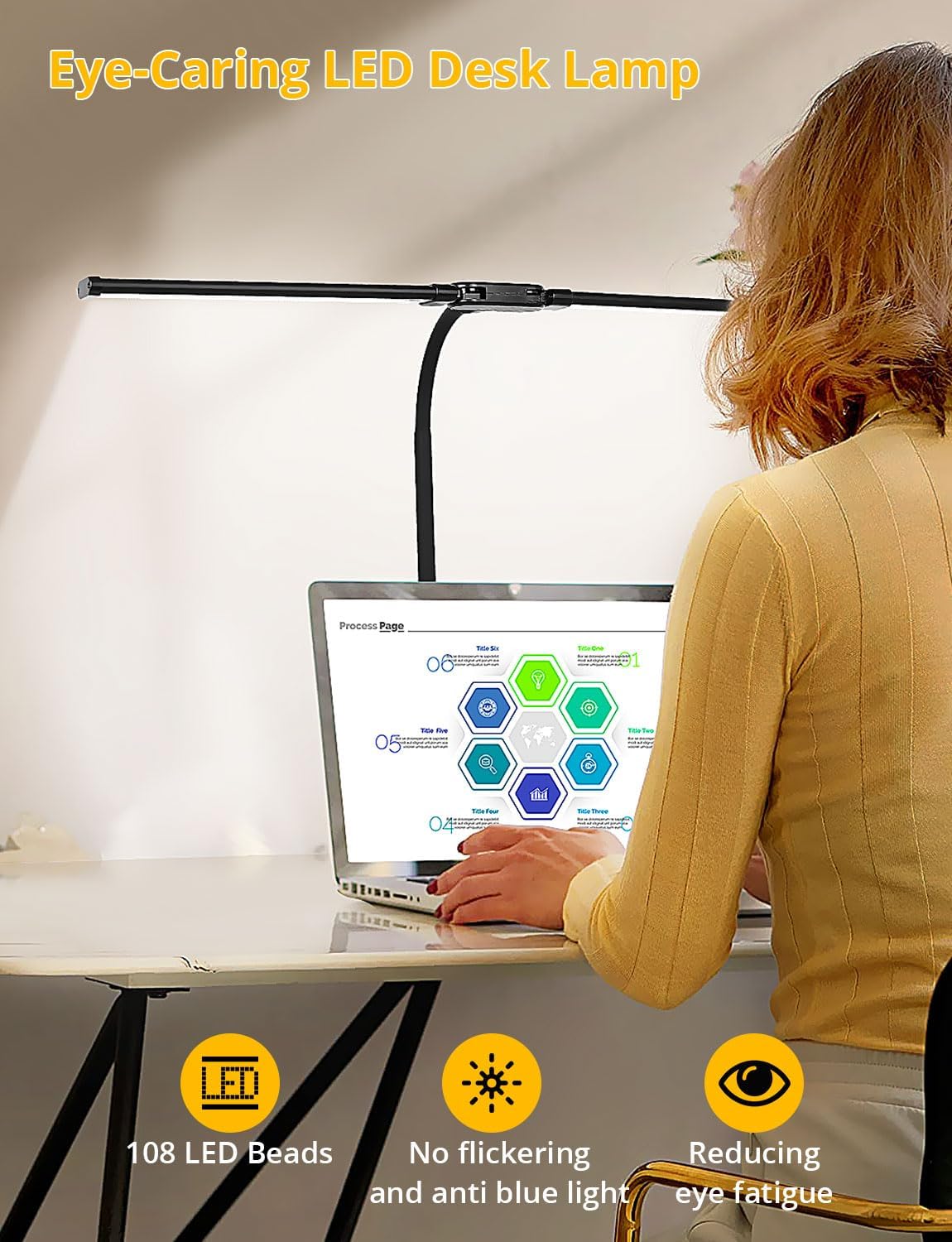 Desk Lamp with Dual Head & 10W Smart Dual USB Charging Port 5 Color Modes Dimmable Reading Light 2600 Lumens 12W Table Lamp for Bedside Office, Adapter Include - Lumora Desk