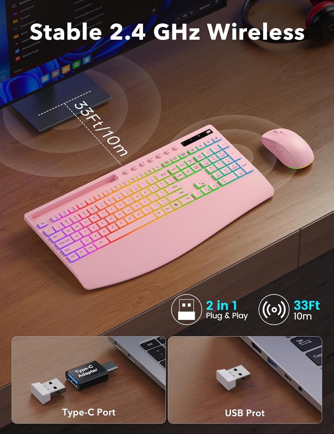 Trueque Wireless Keyboard and Mouse Combo, 4000mAh Rechargeable Backlit Keyboard with Wrist Rest & Phone Holder, Full Size Quiet Typing 2.4G USB-A/Type-C for PC Laptop Windows Mac (Pink)