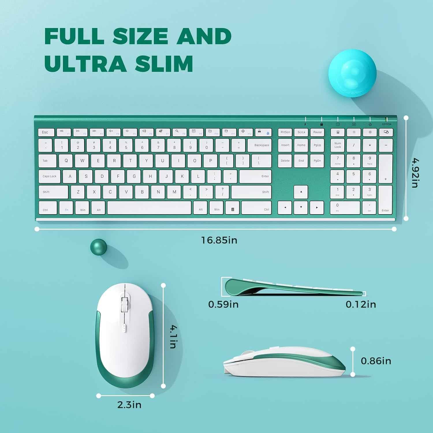 Wireless Keyboard and Mouse, Vssoplor Rechargeable Quiet Full-Size Keyboard and Mouse Combo Set Ultra Slim Design for Laptop, PC, Notebook, Desktop-Blackish Green