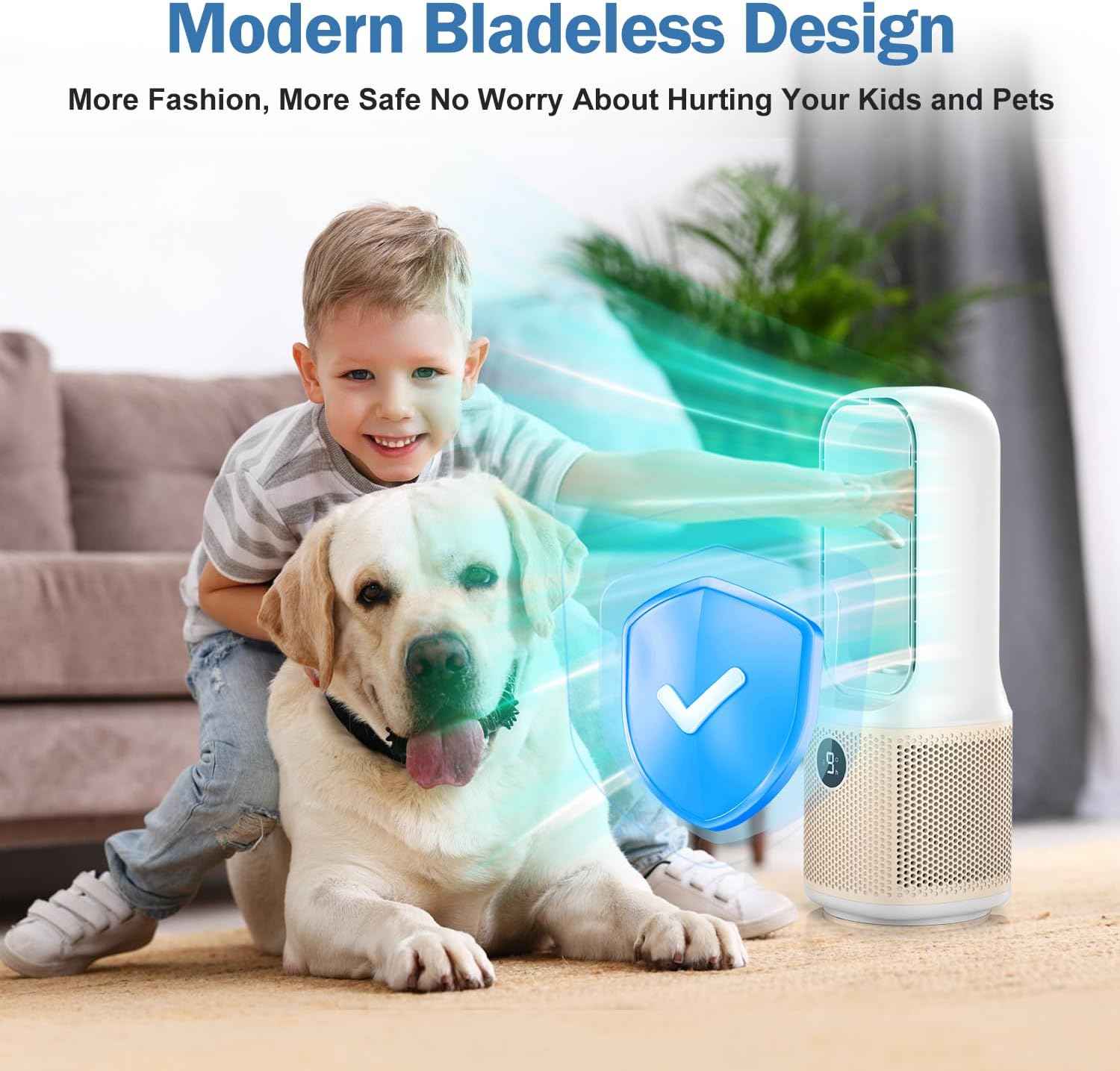 Small Bladeless Desk Fan Quiet, 14 Inch USB Rechargeable Table Fan with 5000mAh Battery, 60° Oscillating 9 Speeds Touch Control, 3 Light Modes, Mini Portable Fan for Office Bedroom Living Room