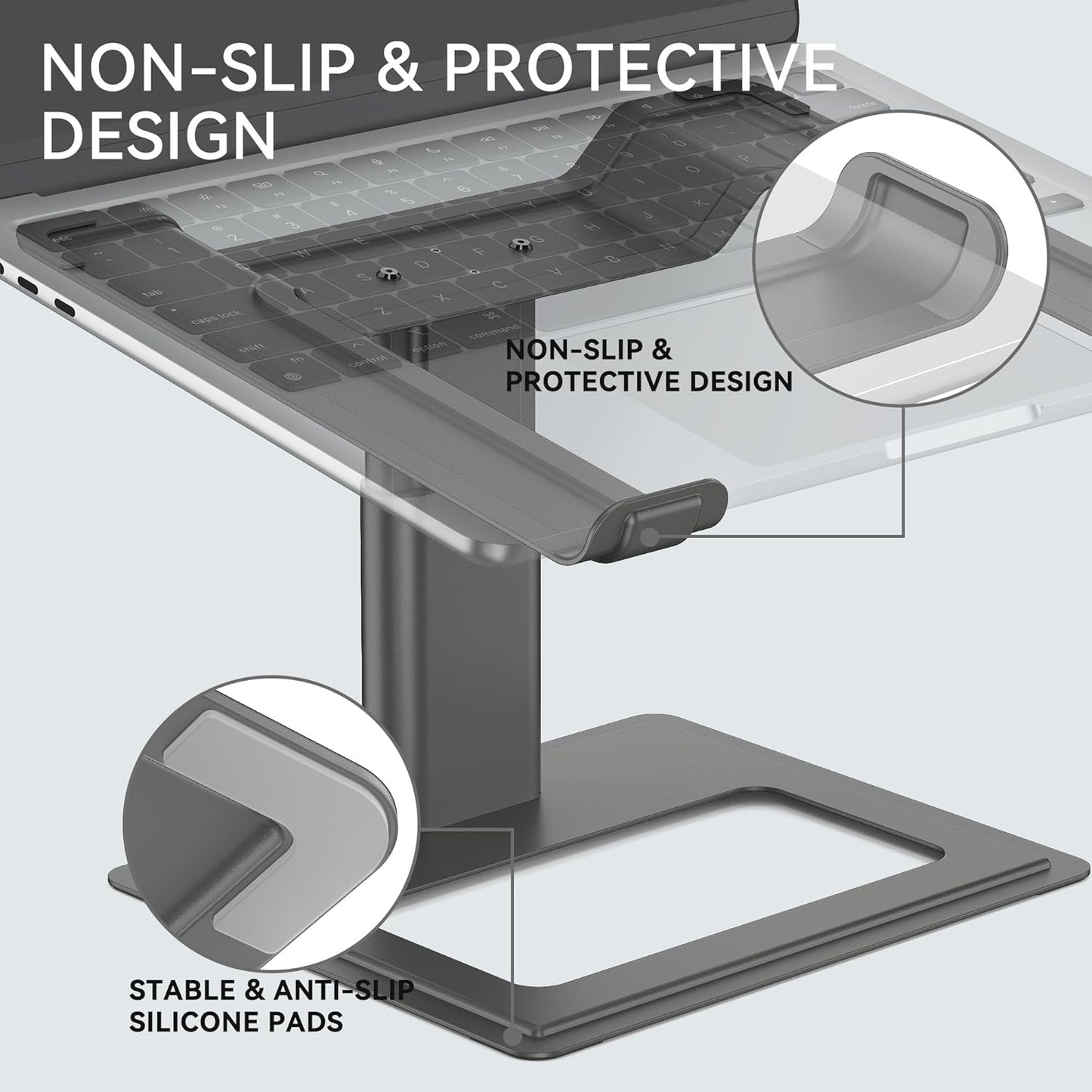 SOUNDANCE Adjustable Laptop Stand, Ergonomic Aluminum Riser for 10-17.3” Notebooks, Ventilated Metal Holder with Height Alignment for Desk Workspace, Grey
