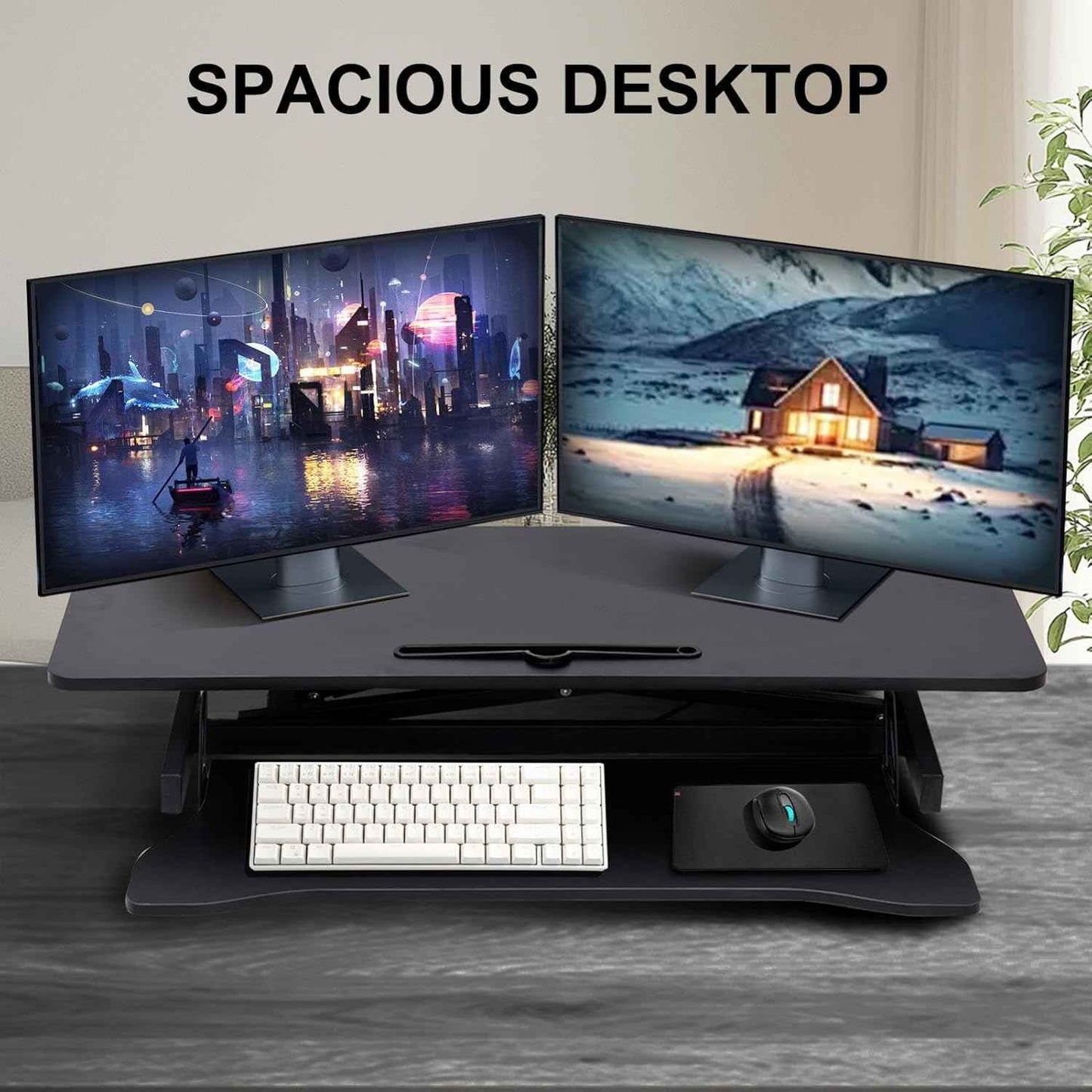 38-inch Standing Desk Converter Height Adjustable Sit to Stand Up Workstation, Duals Monitor and Laptop Riser with Wide Keyboard Tray, for Home, School, Company, Black
