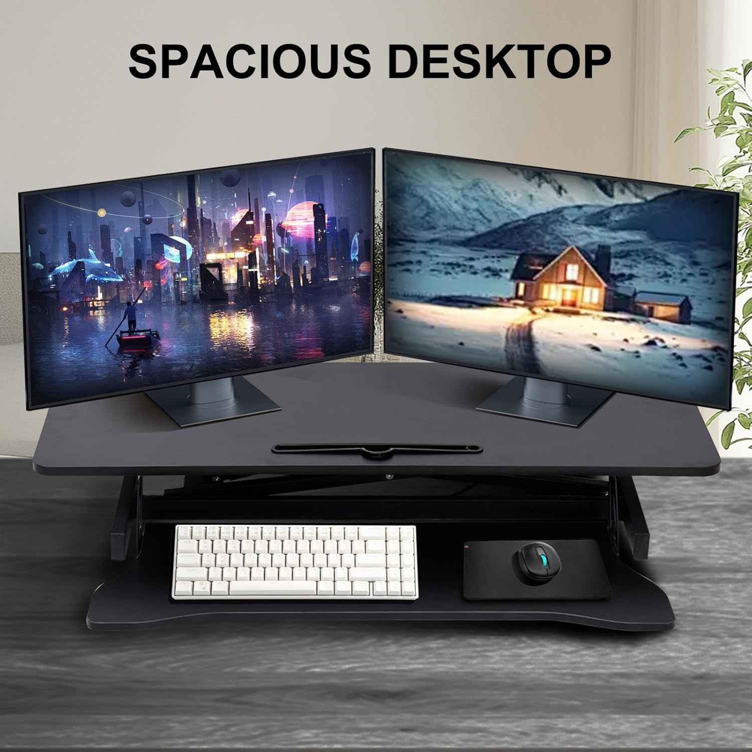 38-inch Standing Desk Converter Height Adjustable Sit to Stand Up Workstation, Duals Monitor and Laptop Riser with Wide Keyboard Tray, for Home, School, Company, Black