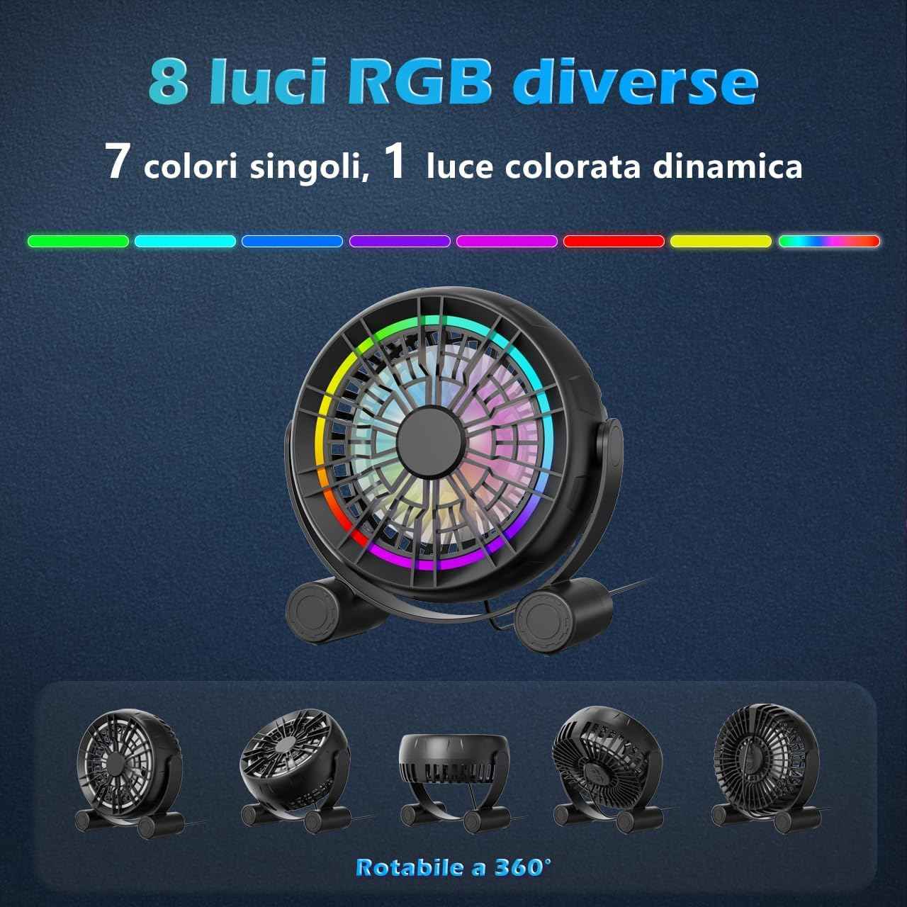 USB RGB Desk Fan - 3 Speeds Quiet Portable Table Fan, 8 Color LED Lights, 360° Rotation, Small Fan for Home Office Desktop Bedroom