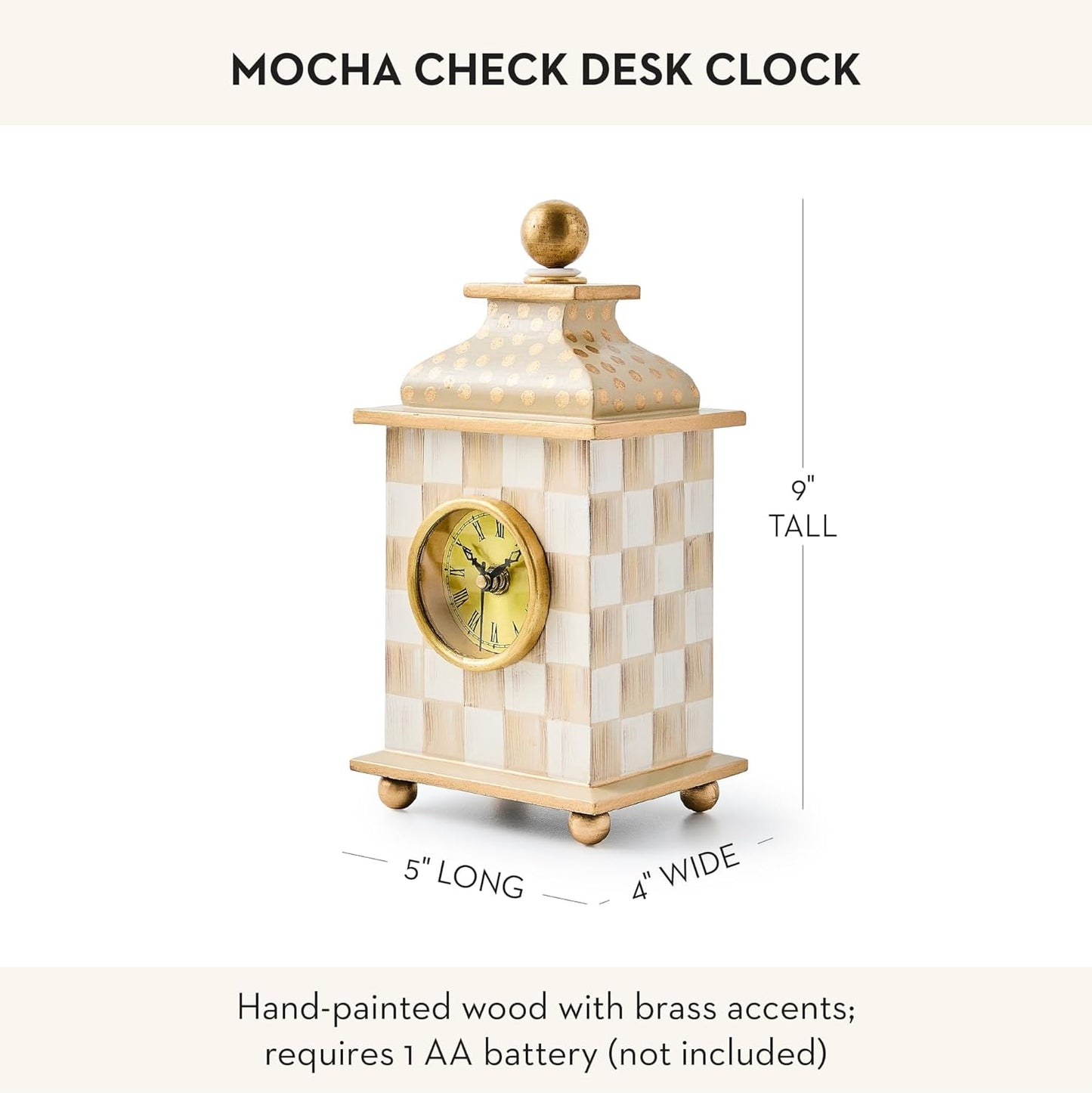 MACKENZIE-CHILDS Desk Clock, Retro Analog Clock for Room Decor, Brown-and-White Mocha Check