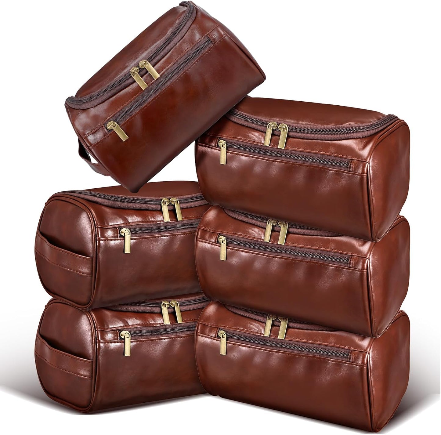 6 Pcs Groomsmen Gift Leather Toiletry Bag for Men Travel Shaving Kit Bathroom Bag Make up Cosmetic Proposal Supplies for Wedding Favor Grooming Anniversary Boyfriend Father, Brown