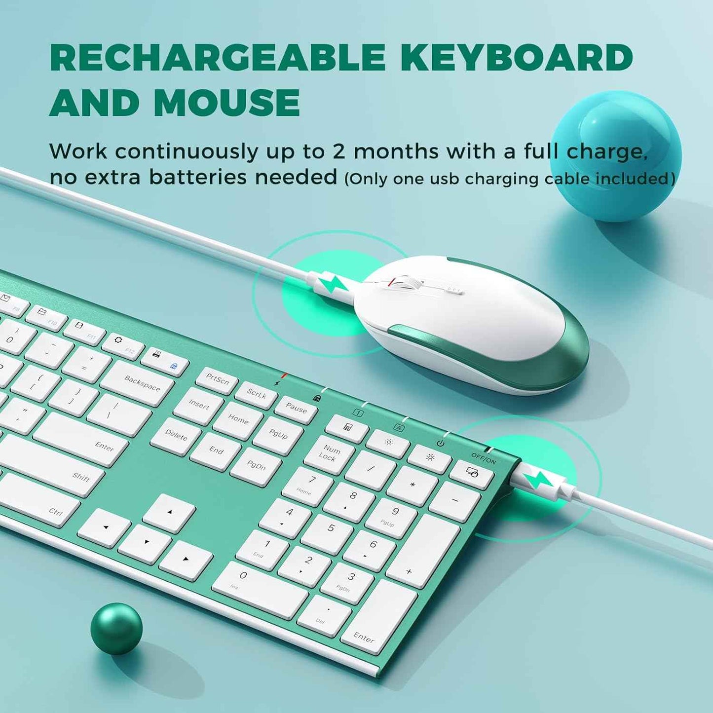 Wireless Keyboard and Mouse, Vssoplor Rechargeable Quiet Full-Size Keyboard and Mouse Combo Set Ultra Slim Design for Laptop, PC, Notebook, Desktop-Blackish Green