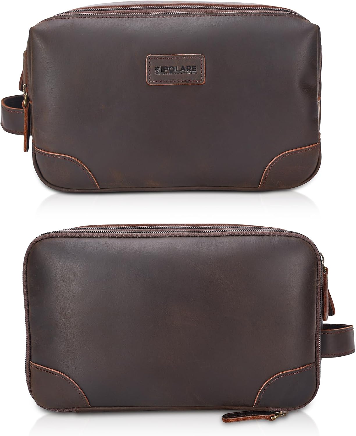 Polare Full Grain Leather Travel Toiletry Bag Dopp Kit Large Cosmetic Travel Case Shaving Kit Wash with YKK Zippers