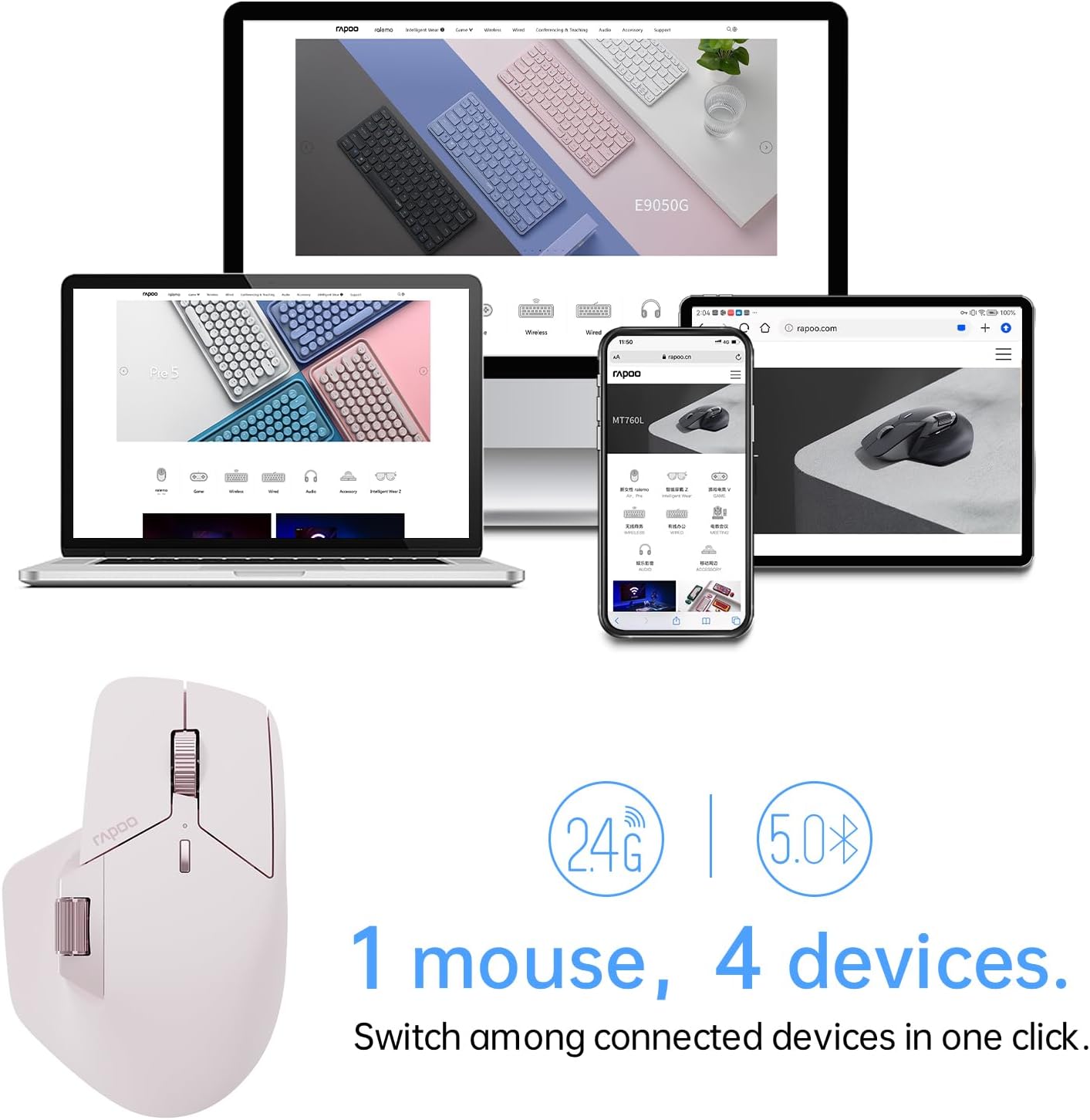 Rapoo MT760Mini Bluetooth Wireless Mouse - Bluetooth 5.0 and 2.4GHz Multi-Mode Connection, Support 4 Devices, M+ Cross Computer Technology, 11 Programmable Buttons,Pink