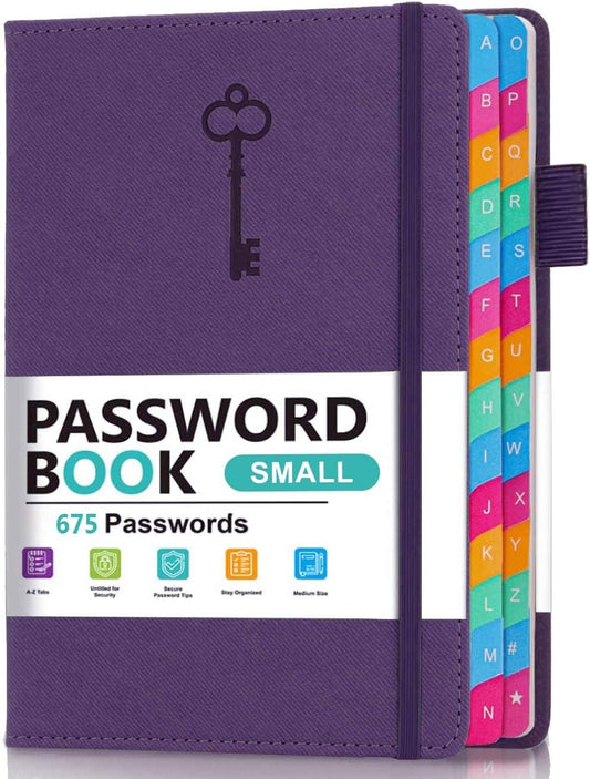 Password Keeper Book with Colorful Alphabetical Tabs, Hardcover Password Log-book for Internet Password and Website Address, 4.1'' x 6.2'' Password Notebook for Home Office (Royal Purple, Small (4.1 x 6.2 Inch))
