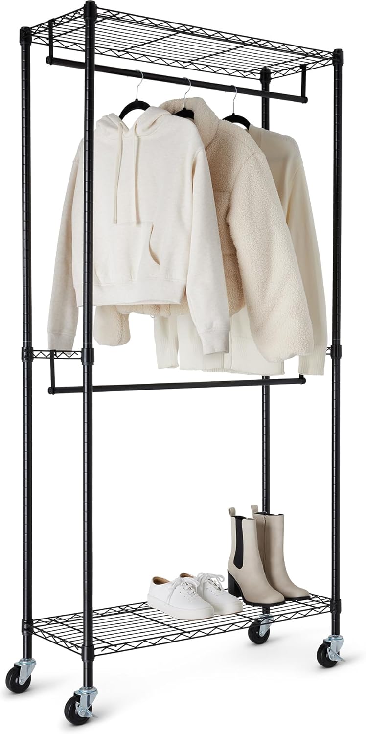 Amazon Basics Adjustable, Double Hanging Rod Garment Rolling Closet Organizer Rack with Wheels, Heavy Duty, Black, 36'' x 14'' x 72'', WI-GAR1436B - Lumora Desk