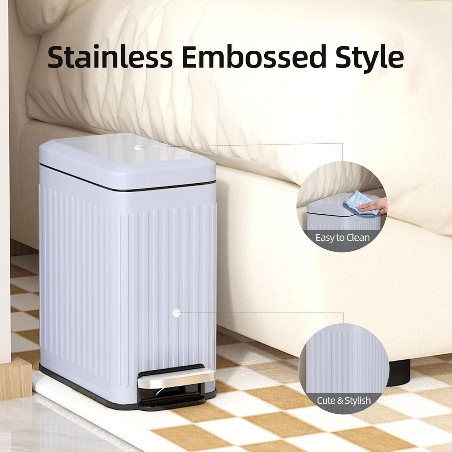 Slim Bathroom Trash Can with Lid Soft Close, 1.6 Gallon Stainless Steel Garbage Can with Removable Inner Bucket, Durable Step Pedal, Small Trash Bins for Toilet, Bedroom, Kitchen, Grey