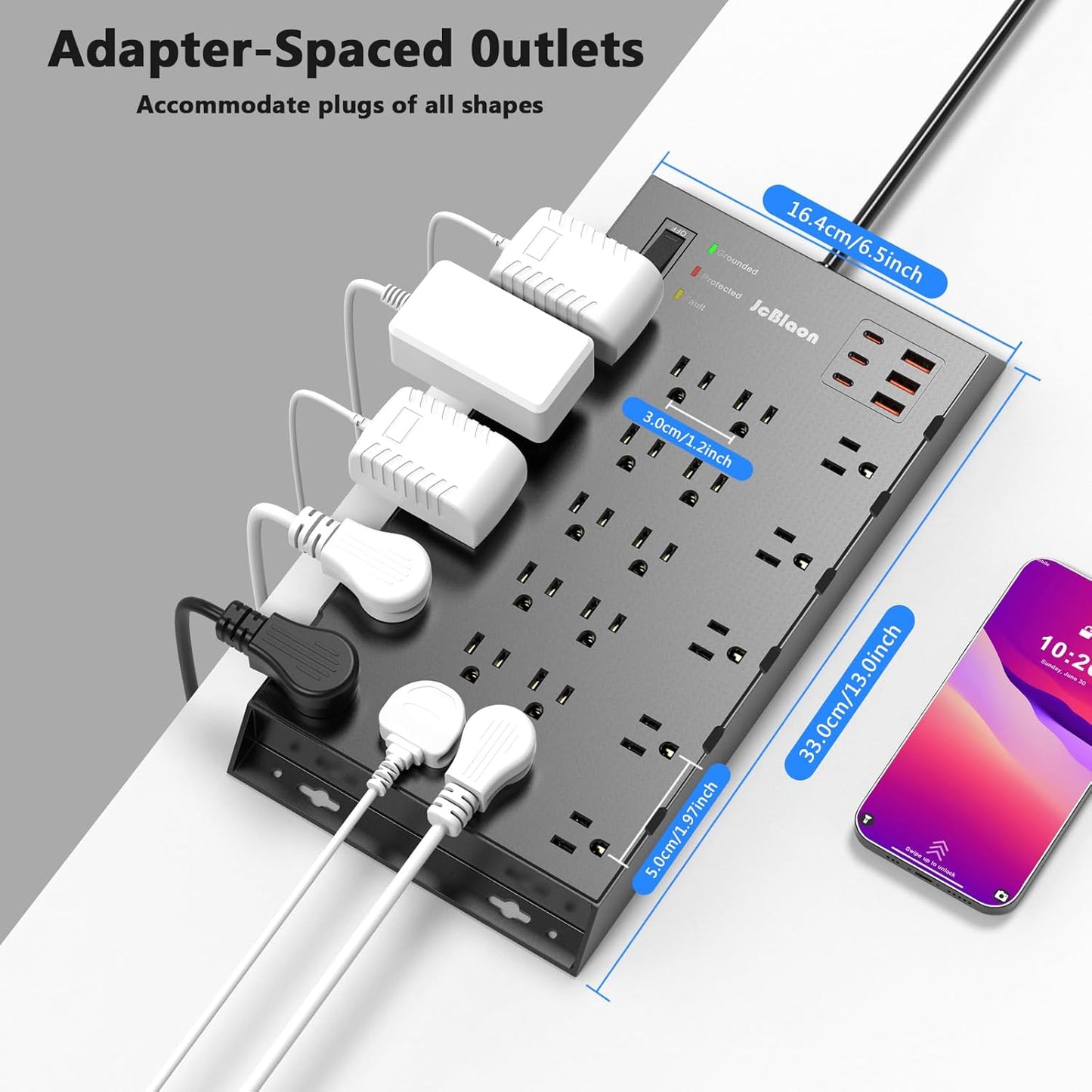22 Outlets & 6 USB Big Power Strip, Jcblaon Surge Protector with 3USB C & 3USB A Charging Ports, 6.5ft Flat Plug Heavy Duty Extension Cord(1875W/15A)，2100J, 14AWG,Wall Mountable for Garden,Shed, Black