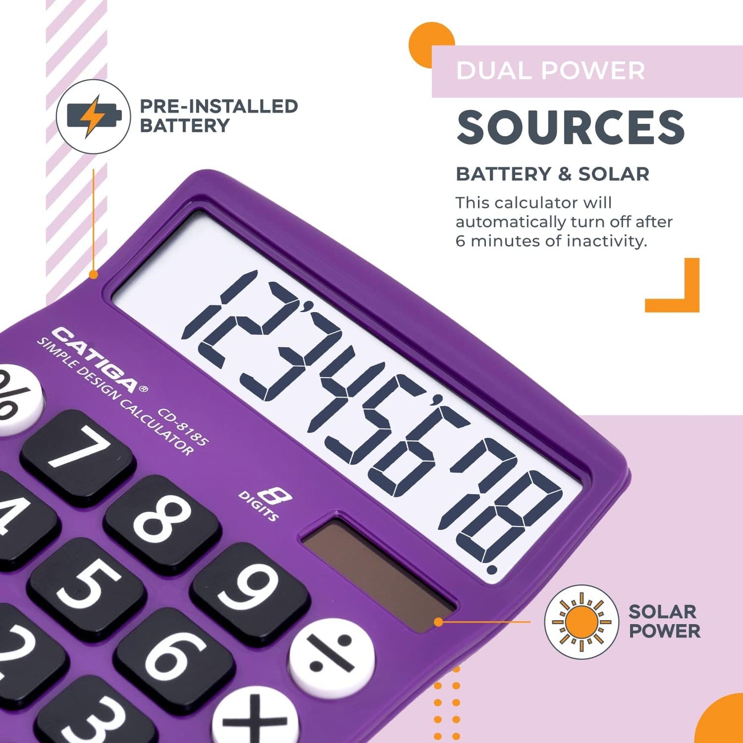 CATIGA Desktop Calculator 8 Digit with Solar Power and Easy to Read LCD Display, Big Buttons, for Home, Office, School, Class and Business, 4 Function Small Basic Calculators for Desk, CD-8185