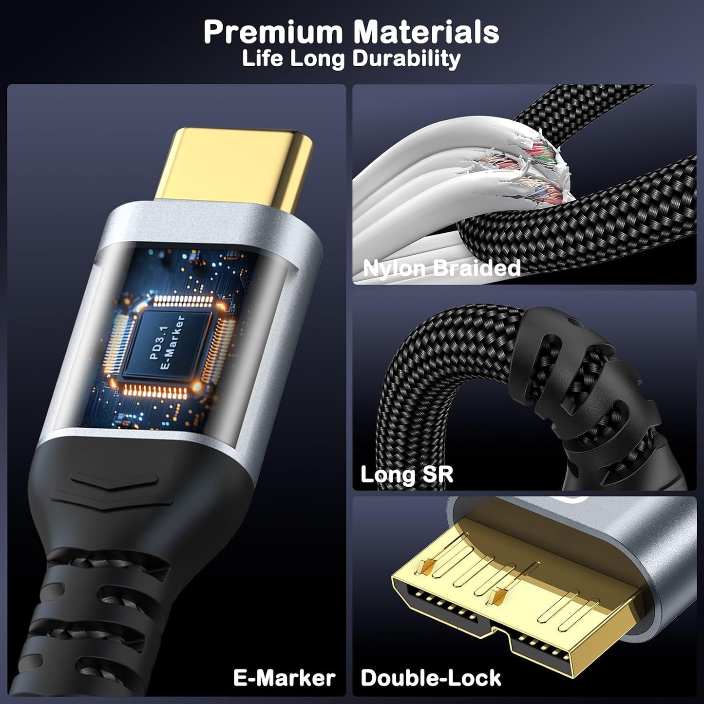 Green Jiss® 10 Gbps USB C to Micro B Hard Drive Cable, 1.5FT Gold-Plated Heavy Duty External Hard Drive Cable for iPhone 17/16/15, WD, Seagate, MacBook Pro/Air, iPad, LG, Galaxy S24 & More