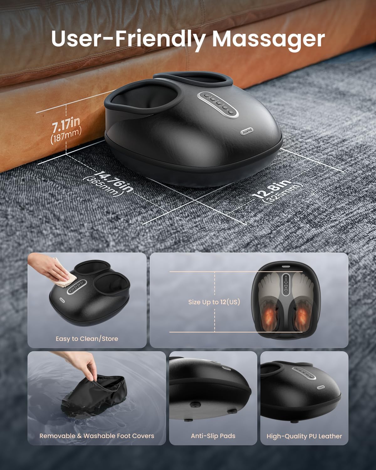 RENPHO 2026 [Upgraded] Foot Massager with Heat, Fathers Day Dad Gifts for Men, Shiatsu Foot Massager for Plantar Fasciitis, Deep-Kneading & Compression, Size Up to 12, Black