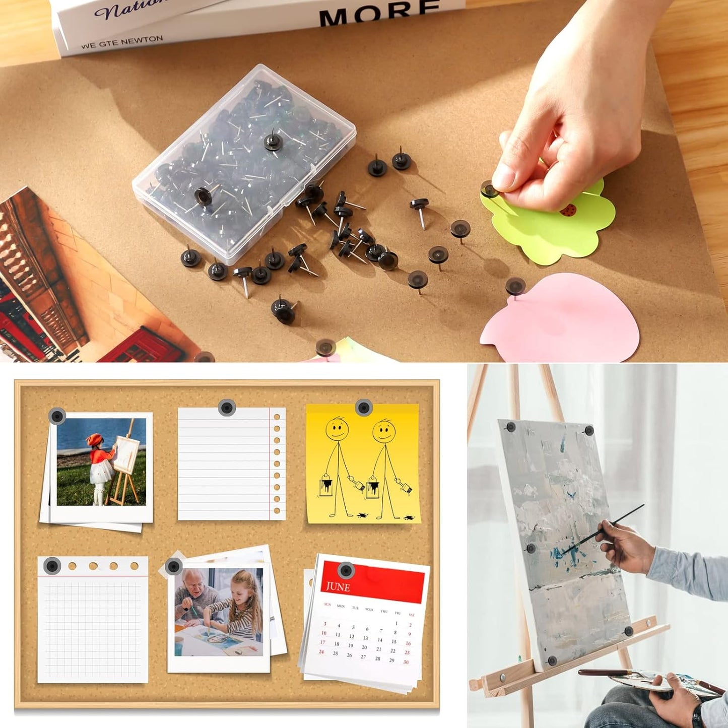 150 PCS Push Pins, Standard Plastic Head Steel Point Black Thumb Tacks for Wall, Plastic Round Head for Bulletin Boards, Fabric Markers, Crafts and Office Organization (Black)