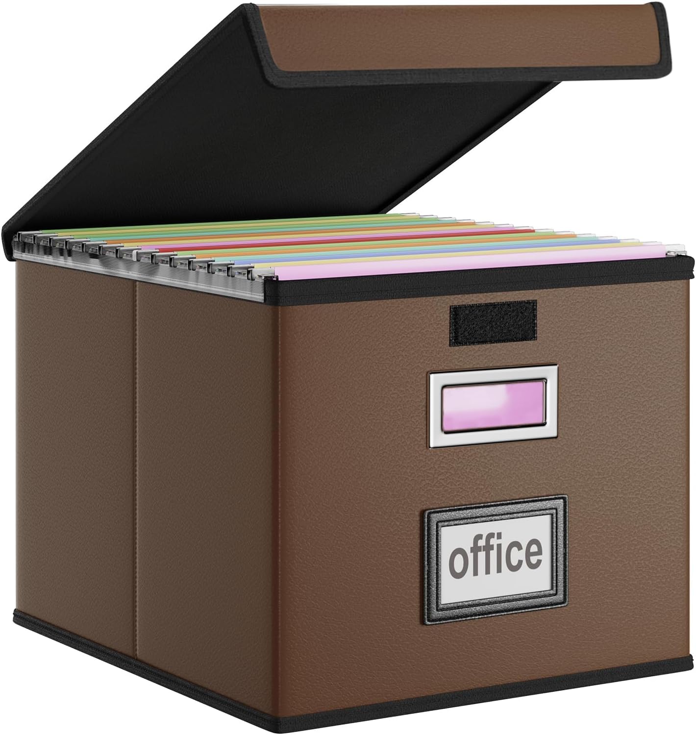 Huolewa Faux Leather File Organizer Box with Lid, Collapsible Hanging File Folder Box Organizer with Plastic Slides, Decorative Home/Office Filing Boxes for File and Folder Storage - Dark Brown