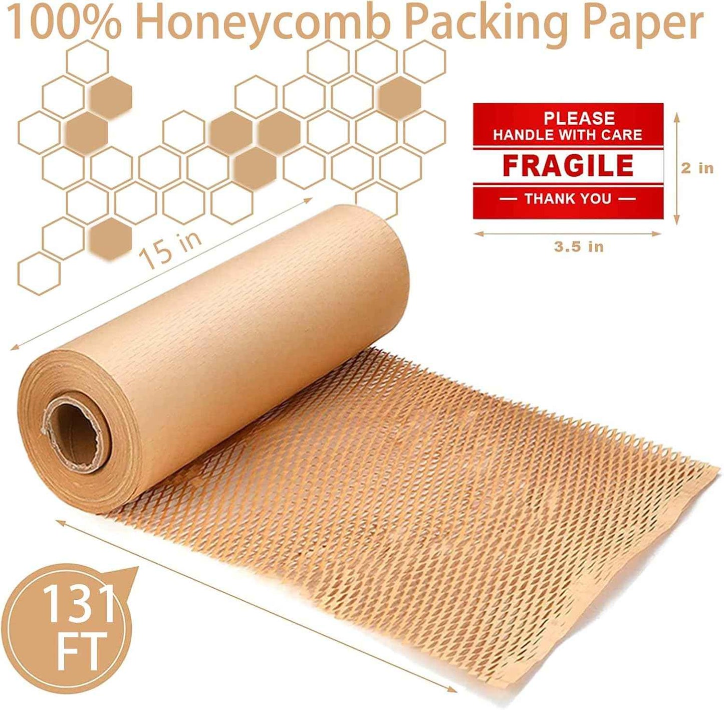 onesimcr Honeycomb Packing Paper Wrap 15"x131' Sustainable Alternative to Bubble Wrap for Moving/shipping/packing Roll with 20 Fragile Sticker Biodegradable & Fully Recylable…