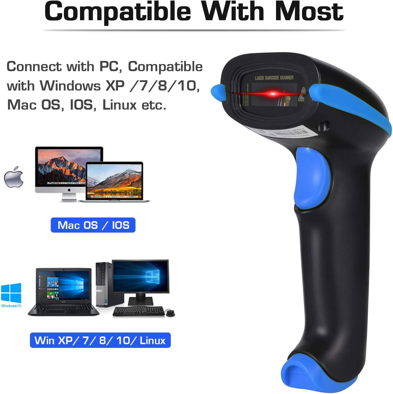 WoneNice 2.4G Wireless Barcode Scanner – 1D Handheld Cordless Barcode Reader for Retail, Warehouse, Inventory – 100ft Range, Plug & Play – Compatible with Windows, Linux, POS (Blue)