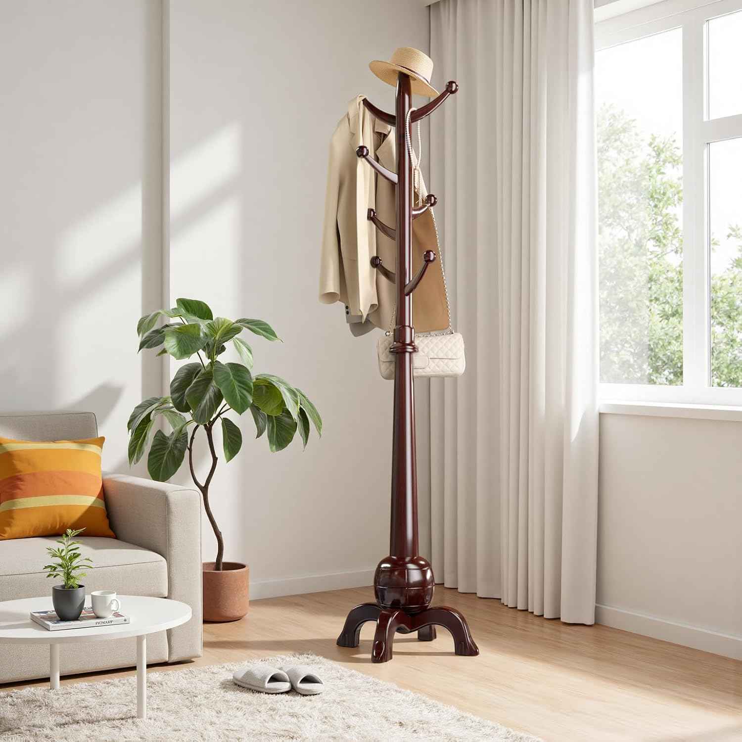 Wood Coat Rack Freestanding, Solid Wooden Hall Tree with 8 Hooks, Coat Tree Freestanding Heavy Duty with Stable Base, Entryway Hallway Bedroom Office Use, 240lbs Load Capacity H:71.6in (Black-Red)