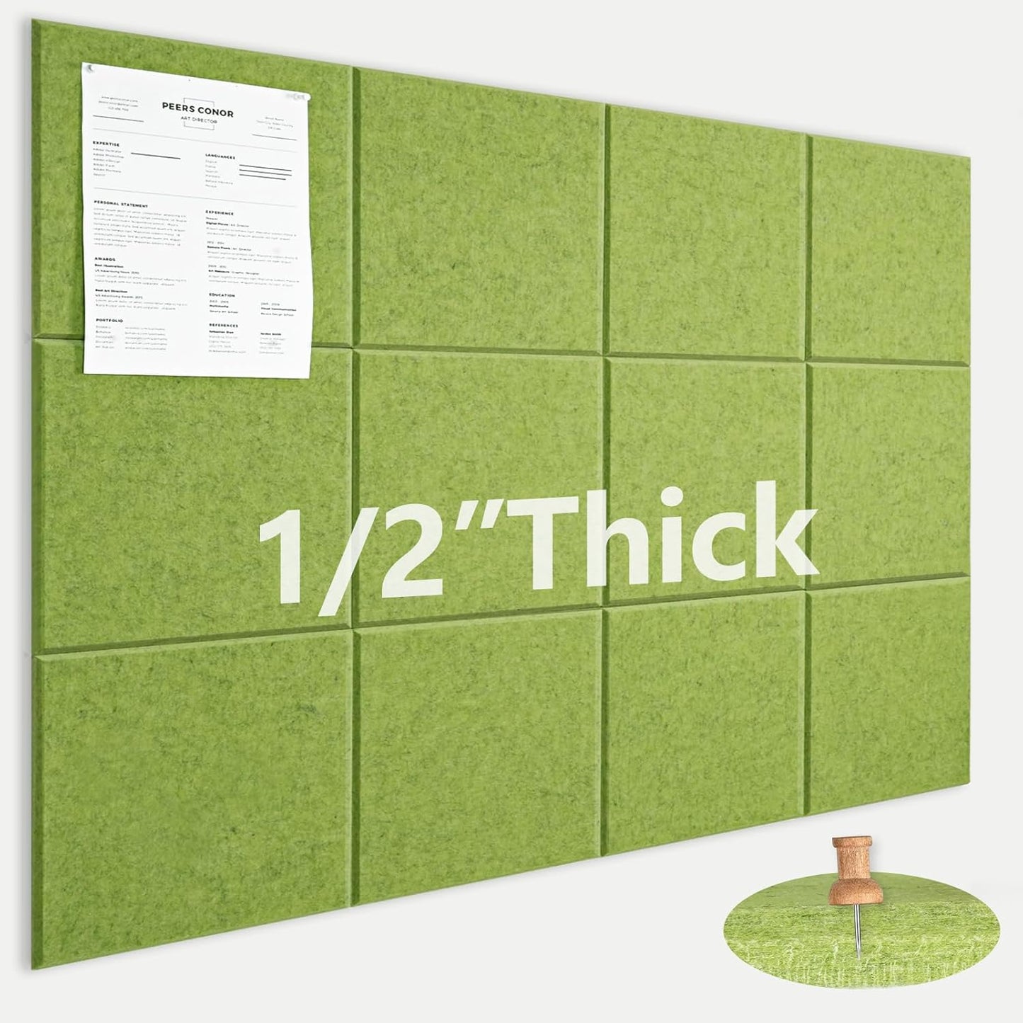 Large Cork Board for Office Wall Decor,48"x36"-12 Pack Felt Wall Tiles with Safe Removable Adhesive Tabs, 1/2" Thick, Felt Bulletin Board Pin Board Cork Boards for Walls - Matcha Green