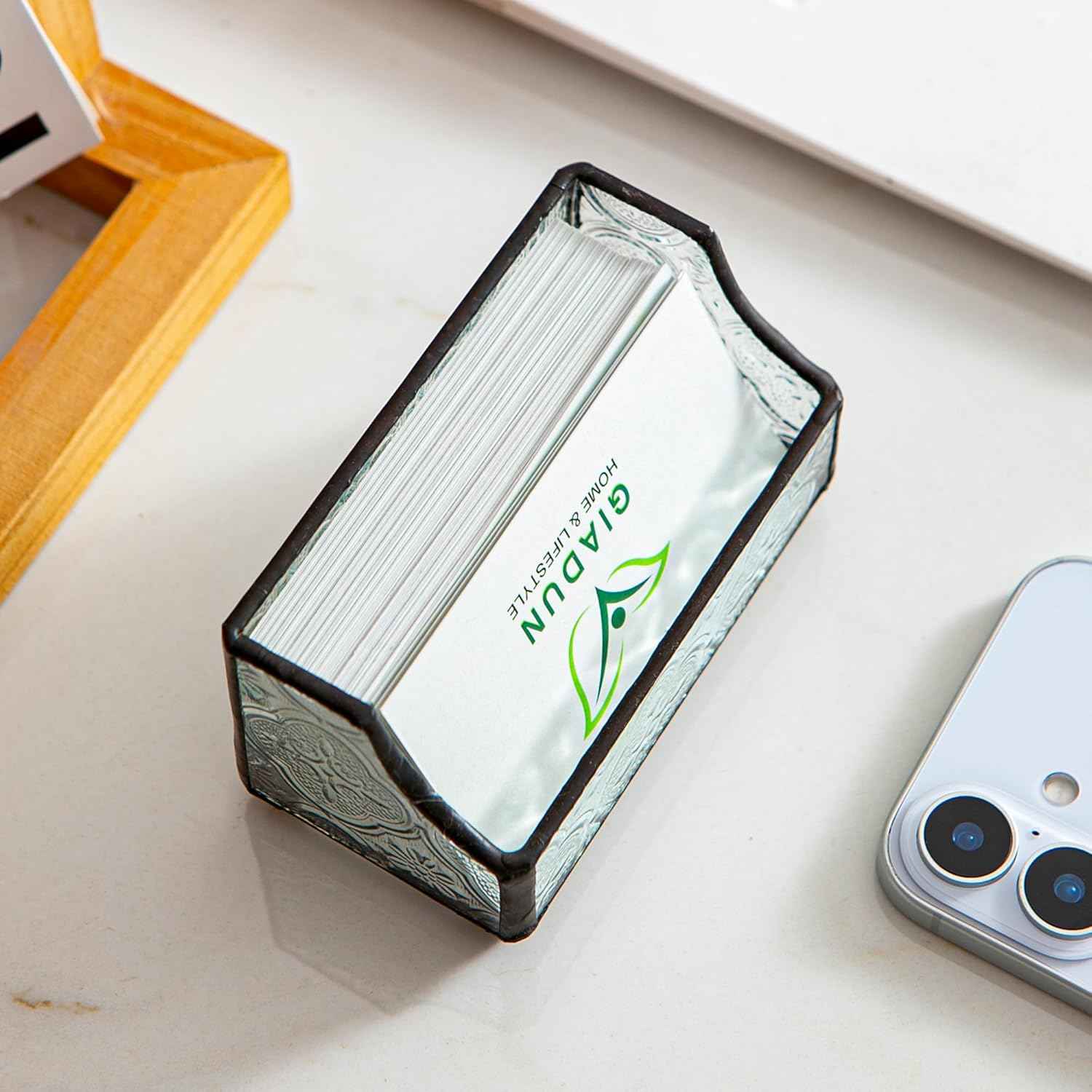 Business Card Holder for Desk, Mosaic Glass Business Card Holders Name Card Stand Organizer Cards Display for Office Exhibition Reception Black