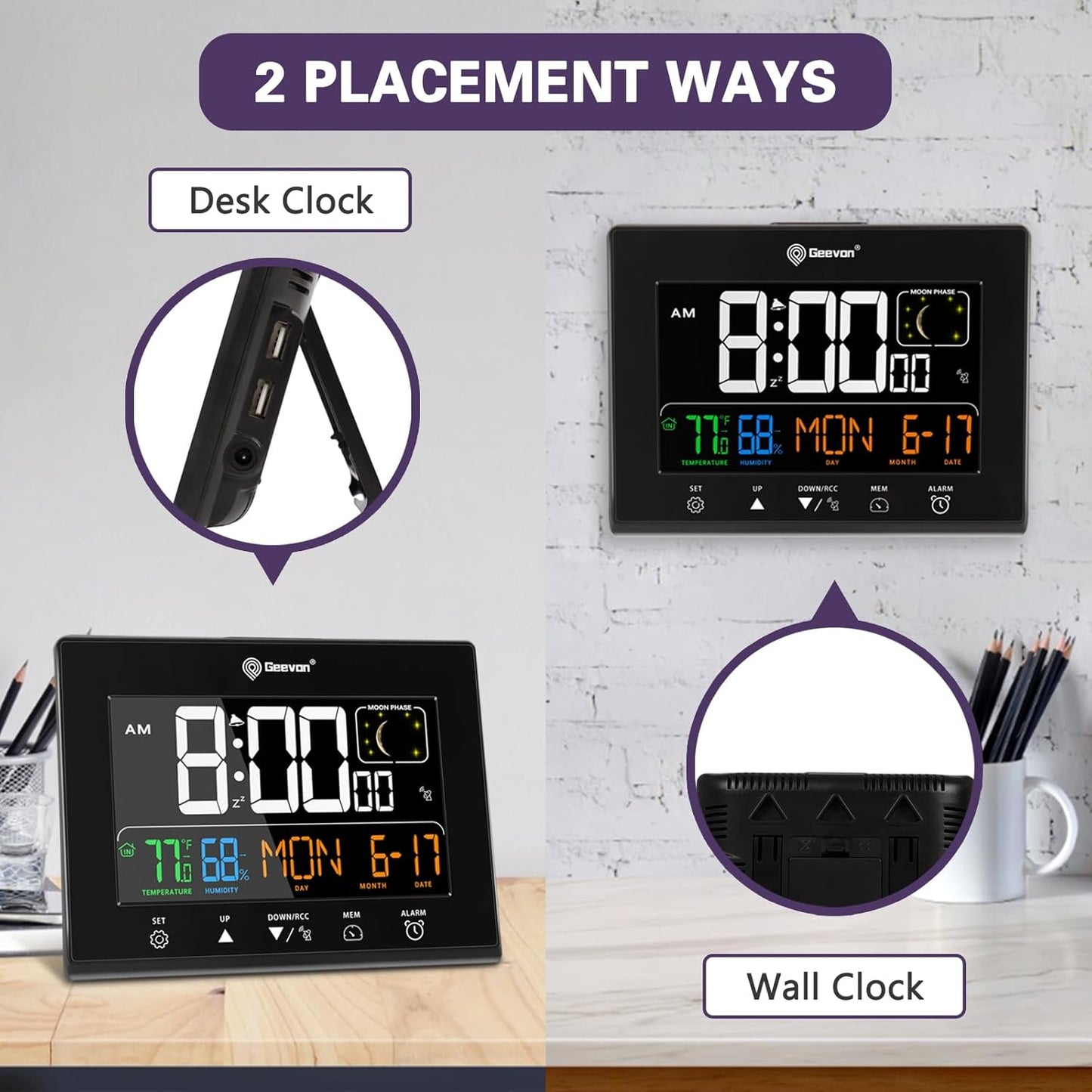 Geevon Digital Atomic Alarm Clocks for Bedrooms with 2 USB Ports, Color VA Display Atomic Clock with Indoor Temperature and Humidity, DST, Calendar, and Moon Phases for Seniors Elderly