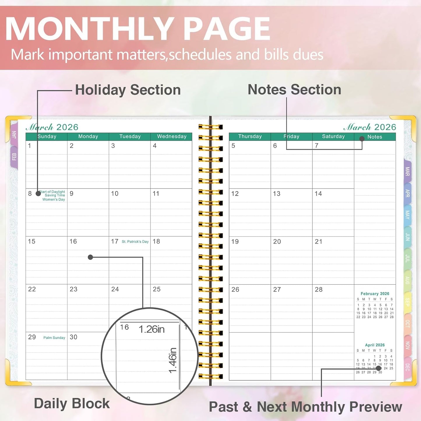 GuassLee Planner 2026 Daily Weekly and Monthly - A5 Planner from January 2026-December 2026, 6.1"x8.4" Aesthetic Agenda Planning Book with Back Pocket, Stickers, Coated Tabs, A5 Size