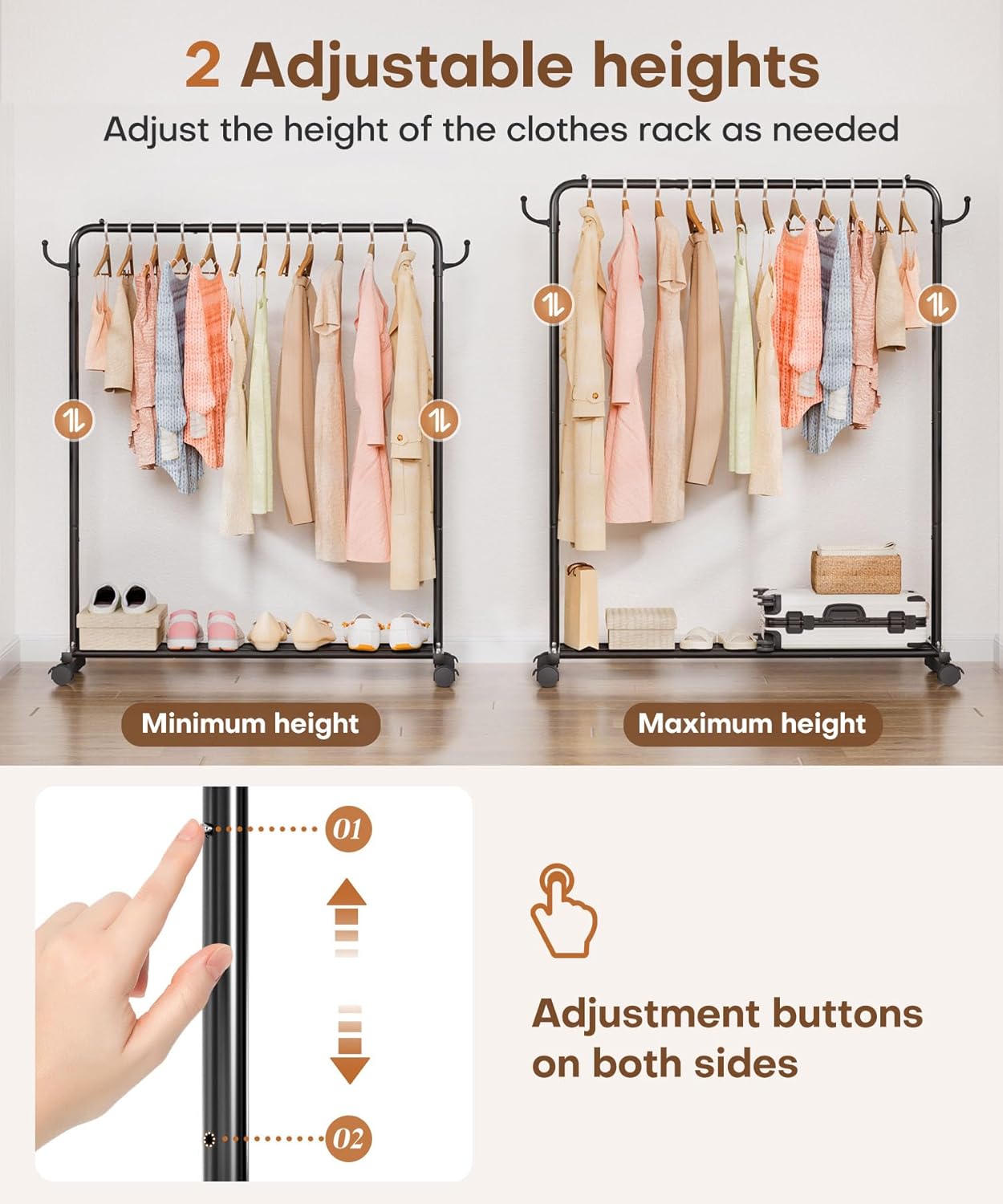 Homde Heavy Duty Clothes Rack: 120lb Standing Garment Storage for Indoor - Rolling Hanging Rod for Bedroom Laundry Room - Coat Dress Organizer on Wheels with luggage shelf (Black，46") - Lumora Desk