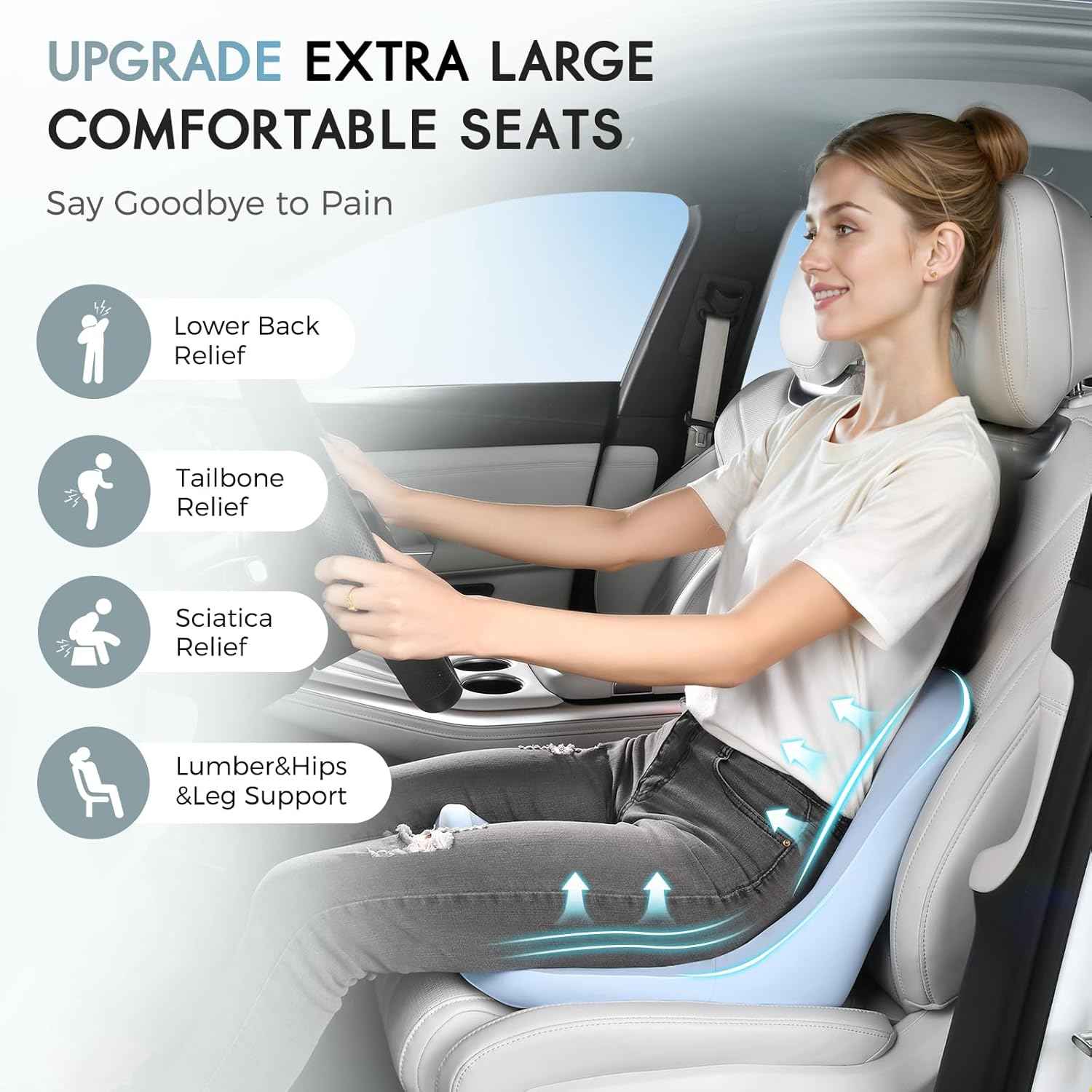 Car Seat Cushion and Lumbar Support Pillow, Larger Memory Foam Seat Cushion, Ergonomic L-Shaped Design Cushion for Back Pain Relief, Non-Slip Driving Cushion for Car, Office, Truck, Gifts for Mom-Blue