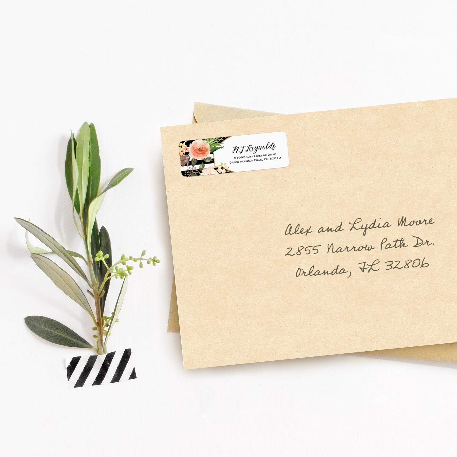 Black and White Stripe Floral Rolled Address Labels/Roll of 250 Personalized Return Address Labels/Designer Return Address Stickers in Elegant Plastic Dispenser - Lumora Desk