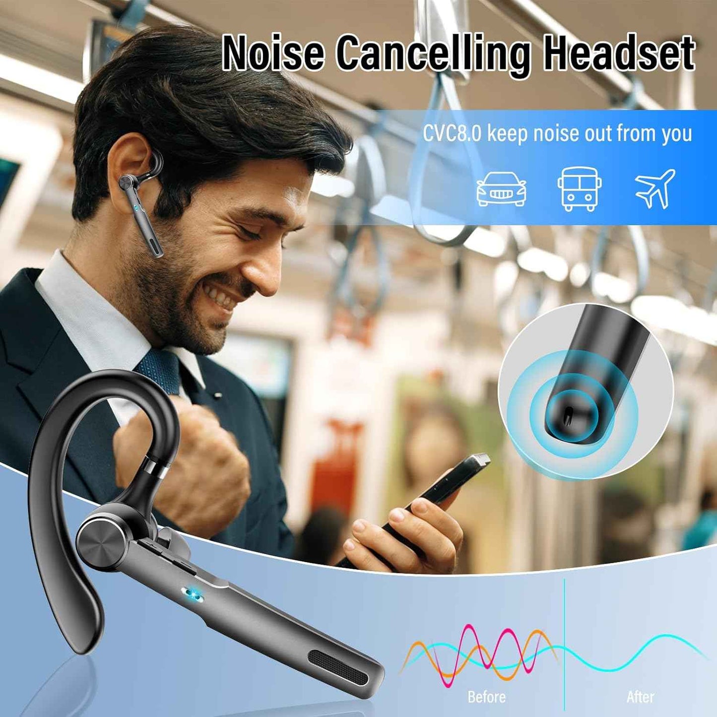 Bluetooth Headset, Wireless Earpiece with ENC Microphone, Single-Ear Bluetooth Earpiece V5.3 with Earhook, 60H Talktime, IP7 Waterproof Hands Free Earphones for for Business/Office, Carbon Black