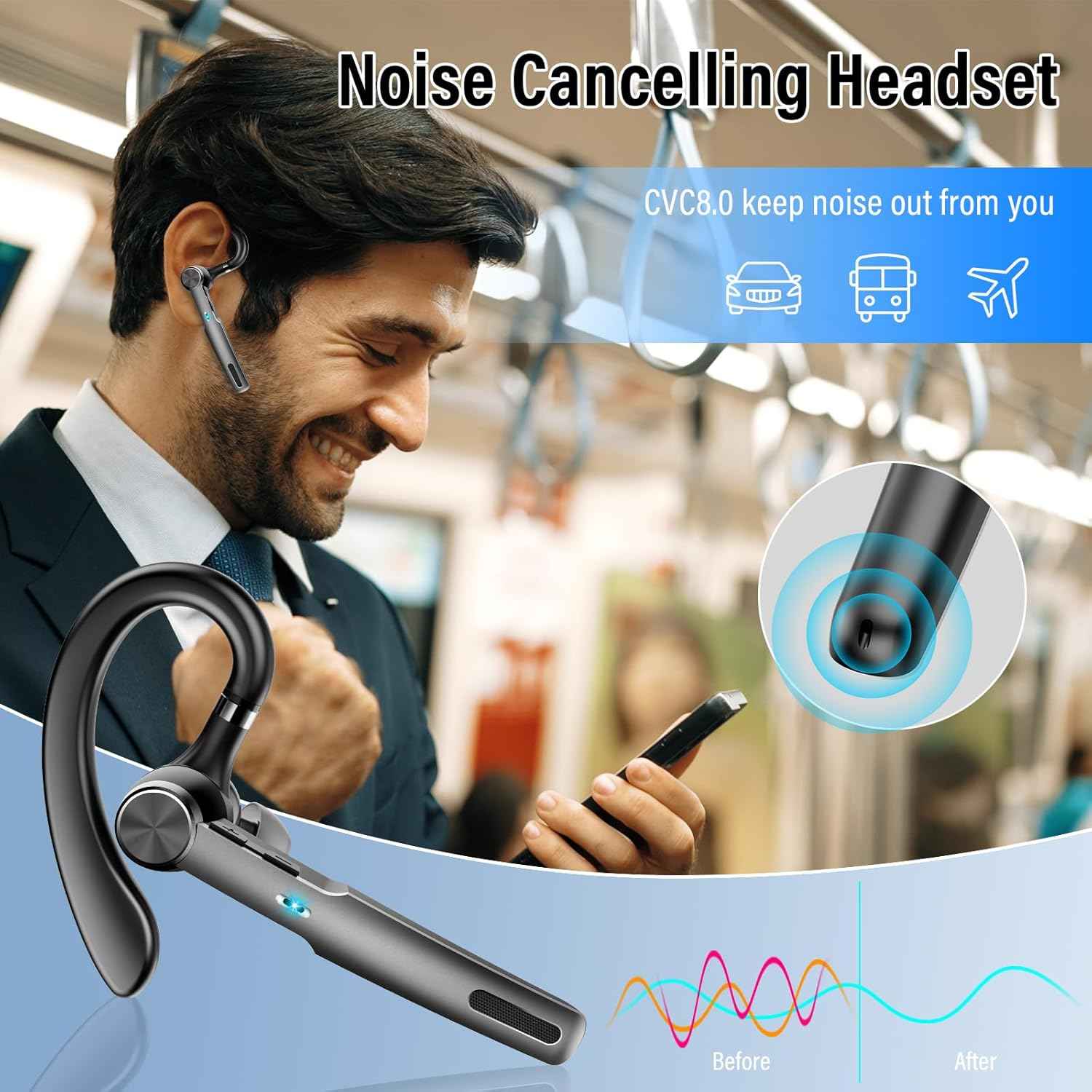 Bluetooth Headset, Wireless Earpiece with ENC Microphone, Single-Ear Bluetooth Earpiece V5.3 with Earhook, 60H Talktime, IP7 Waterproof Hands Free Earphones for for Business/Office, Carbon Black