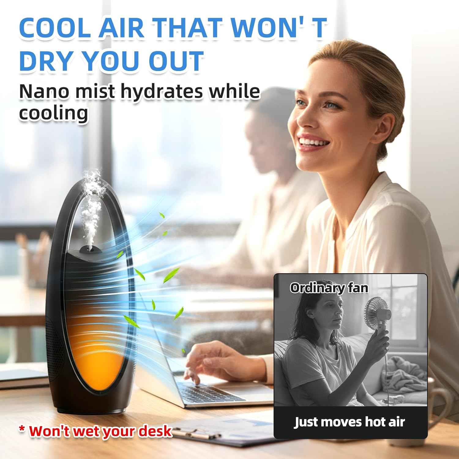 Bladeless Cooling Fan with Nano Cool Mist for Sleep & Hot Days, 13-Inch Rechargeable Quiet Desk Fan for Baby Nursery Bedroom Office Dorm, 9-Speed Oscillation, Night Light, 9H Timer