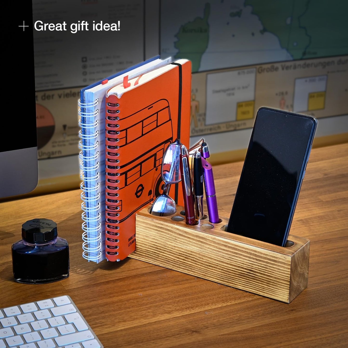 Hoffenwell Wooden Desk Organizer with Phone Holder – Stylish & Functional Book, Pen and Cell Phone Charging Stand - Solid Wood Pen Holder for Desk