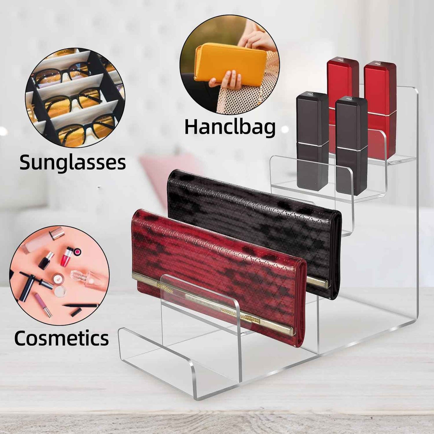 Acrylic Wallet Display Stand Purse Handbag Organizer, Clear Jewelry Riser Display Stand Purse Display Rack, Acrylic Display Shelf for Cosmetic Perfume Jewelry Sunglasses Handbag (2 PCS-4 Tier)