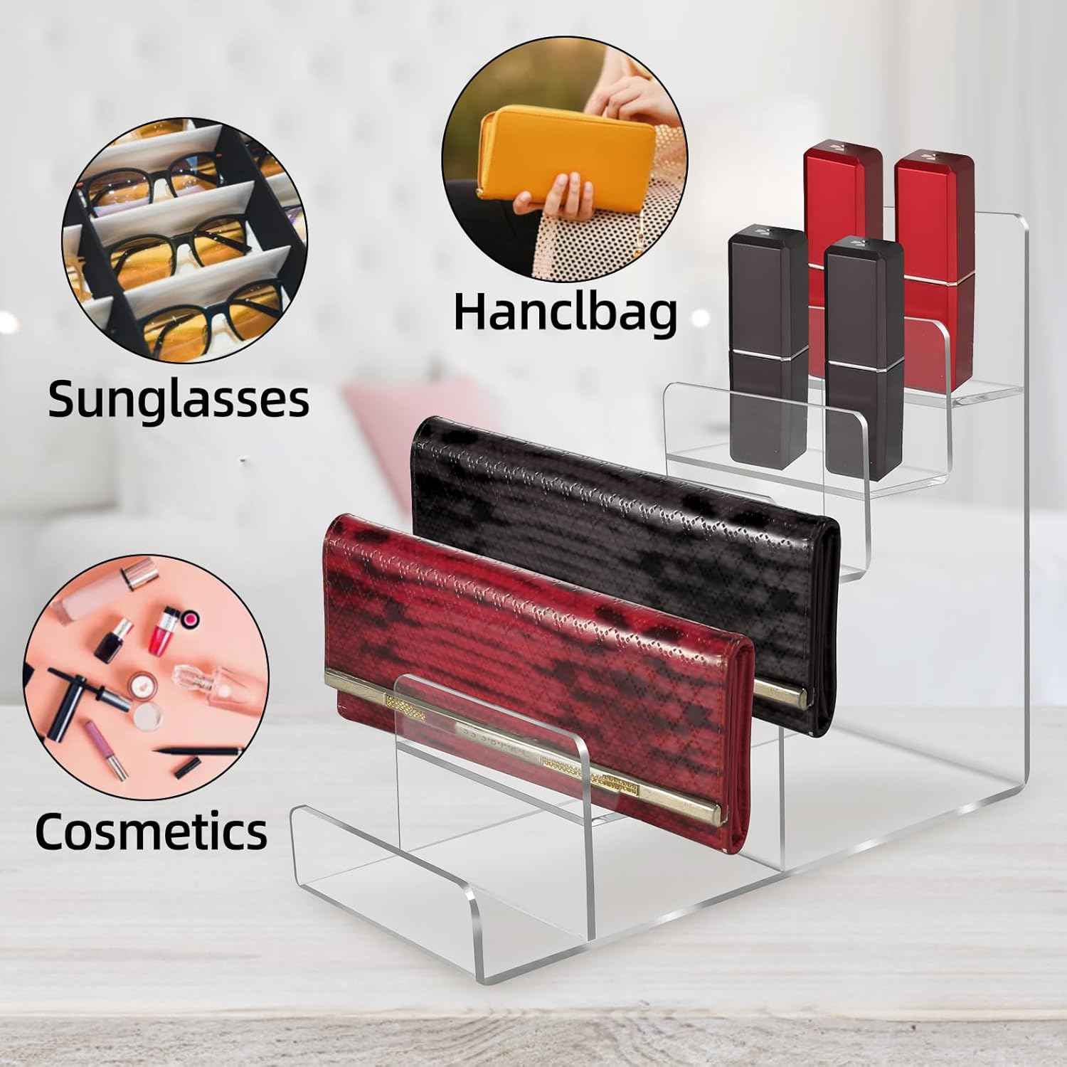 Acrylic Wallet Display Stand Purse Handbag Organizer, Clear Jewelry Riser Display Stand Purse Display Rack, Acrylic Display Shelf for Cosmetic Perfume Jewelry Sunglasses Handbag (2 PCS-4 Tier)