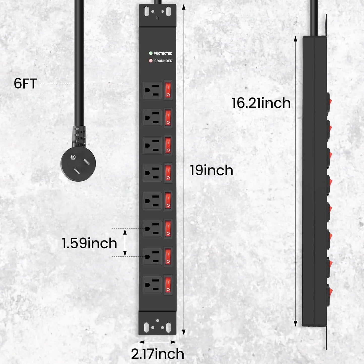 Jgstkcity Rack Mount PDU Power Strips,8 Outlet Surge Protector,Individual Switches,1.5U Rackmount Server Racks,14AWG Heavy Duty Extension Cord,2700J,15A 125V 1875W (Standard Power Cord, 6 FT Cable)