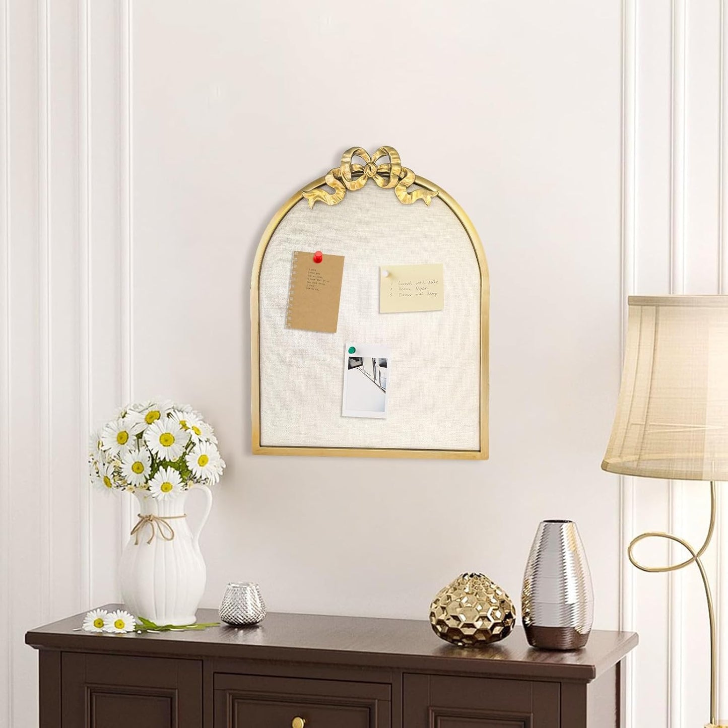 Vintage Arched Linen Cork Board with Gold Bowknot – Decorative Bulletin Board for Walls, Iron Frame Pin Board for Notes, Photos & Reminders, Elegant Vision Board for Home & Office 16"x21" - Lumora Desk