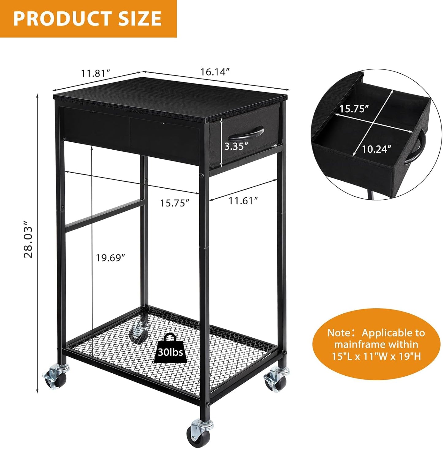 YBING PC Stand 2 Tier Computer Tower Stand with Drawer Mobile Computer Cart with Storage Metal CPU Holder on Wheels Pc Tower Stand Black Rolling Computer Tower Stand Floor for Office