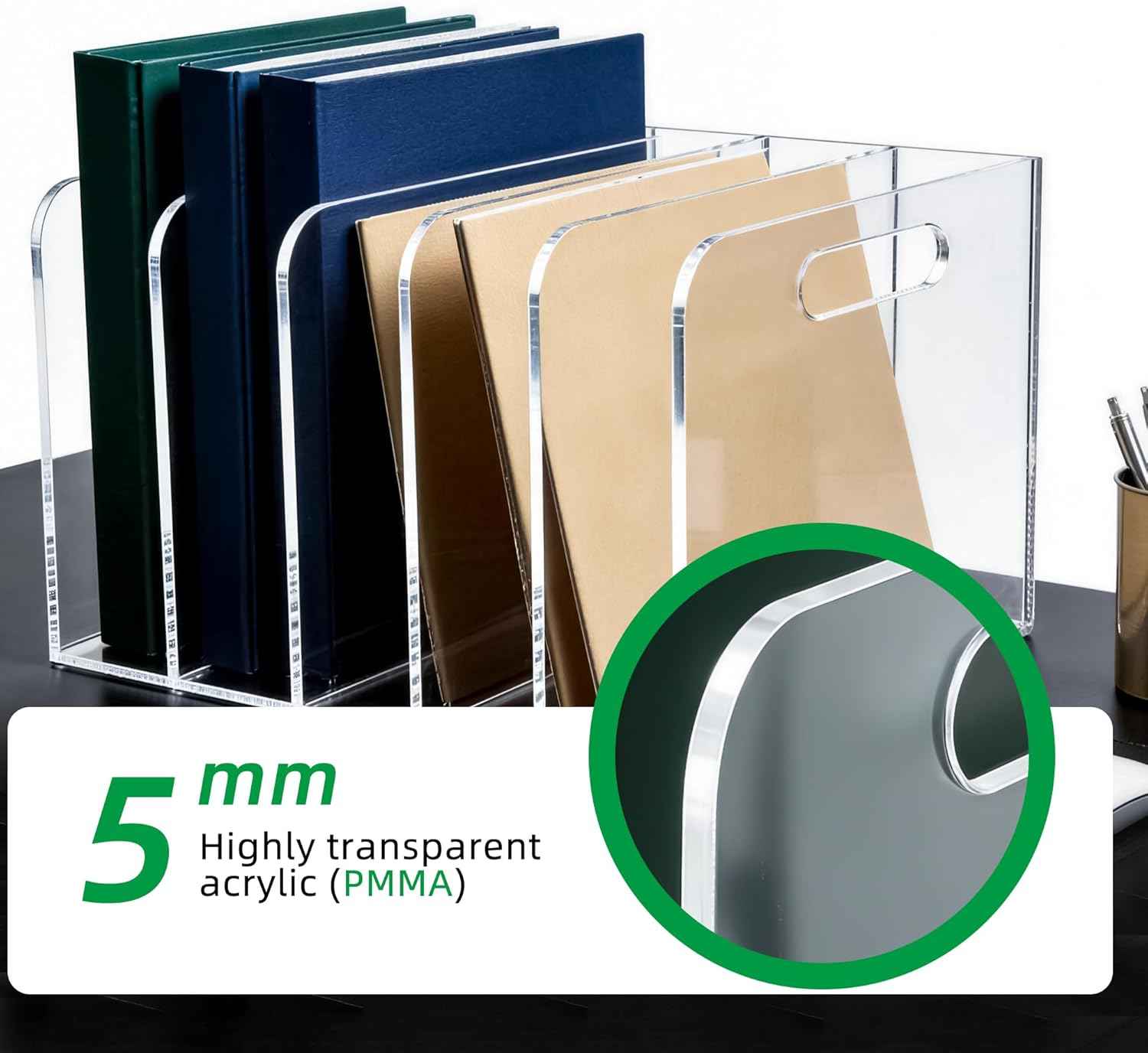 Acrylic Magazine File Holder, 5 Vertical Compartments Desk Document Sorter Organizer, Clear Folder Rack Binder for Office/Documents/Classroom, for Home, Tablet, Magazines, Books & Accessories