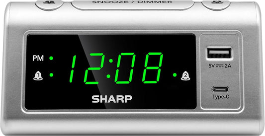 Sharp Alarm Clock for Bedrooms, Super Fast USB-C Charging and Fast 2 Amp USB Charging, 2 Alarms, 3-Step Dimmer, Snooze, Easy to Set Controls, Silver with Green LED Display