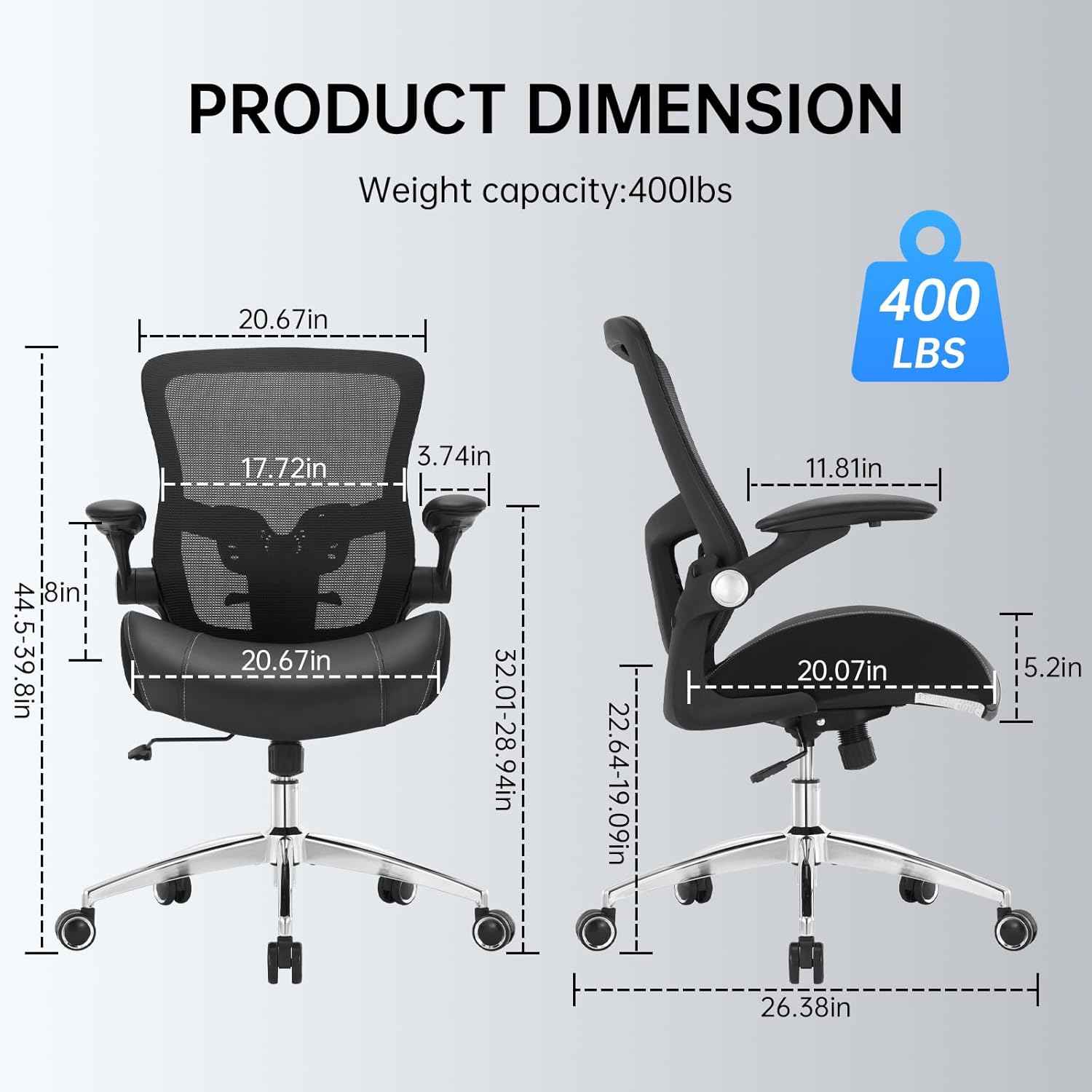 Big and Tall Office Chair 400lbs, Ergonomic Desk Chair with Wide 3D Modeling Foam Seat Cushion Heavy Duty Computer Chair with Adjustable Lumbar Support & Arms, Mesh Executive Chair for Home Office