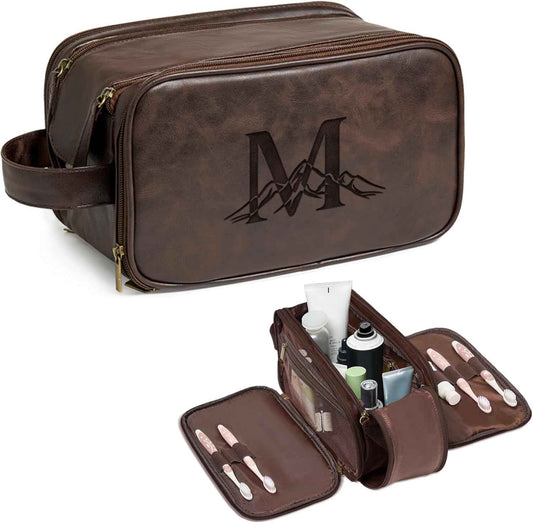 Janhavi Shaving Bag for Men Travel Waterproof, Engraved Initials & Mountain, Make Up Bag,Groomsmen Gifts, Mens Toiletry Travel Bag, Men's Accessories Organizer, Gifts for Him(Dark Brown M)