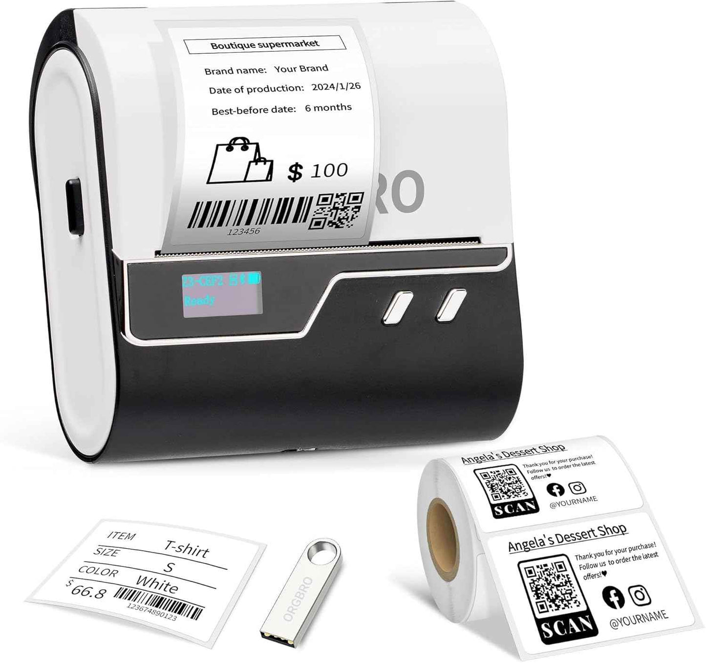 ORGBRO Z3 Label Maker Machine with Tape, 2-3 Inch Bluetooth Thermal Label Printer, Portable Sticker Printer for Small Business Office Home Organization Barcode Address, Compatible with Phones & PC