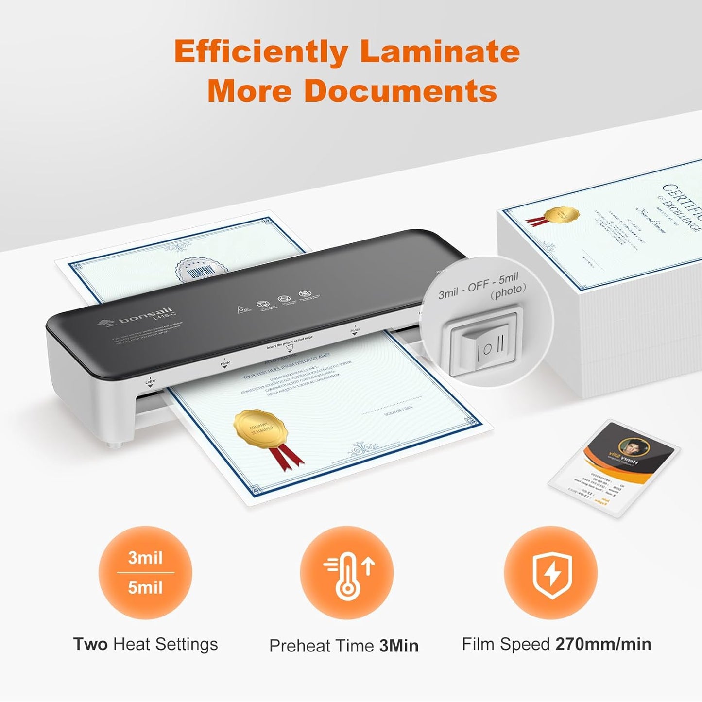 Bonsaii Laminator Machine, 9 Inch Laminators Machine with 50 Laminating Sheets, Laminator with Never Jam Technology for Doc/Posters/Photo, Simple Convenient for Home, Office and School - L418-C Grey